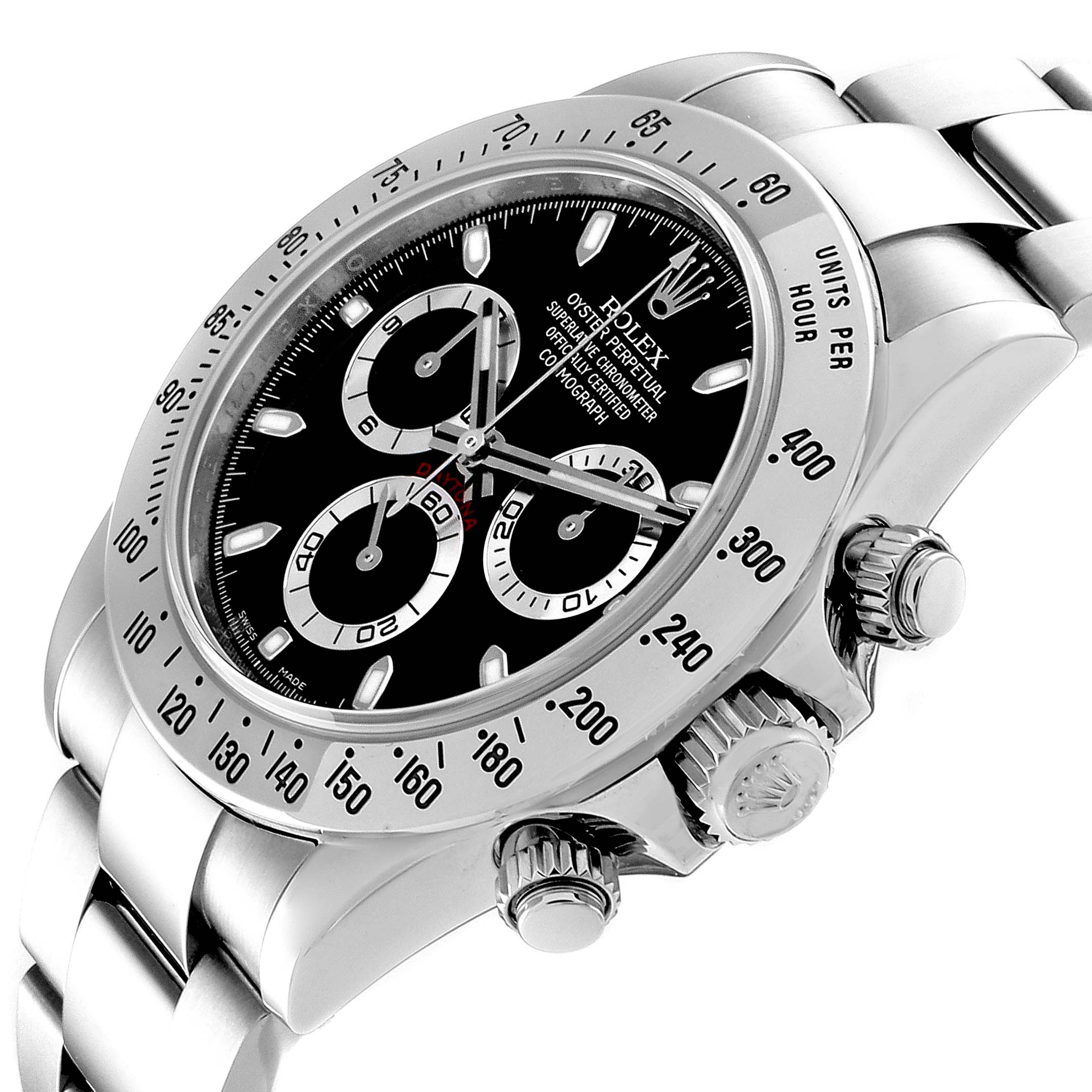 The image shows a side angle of a Rolex Daytona 116520 Men's Stainless Steel Black Dial 116520 Men's Stainless Steel Black Dial watch displaying the bezel, dial, pushers, and crown.