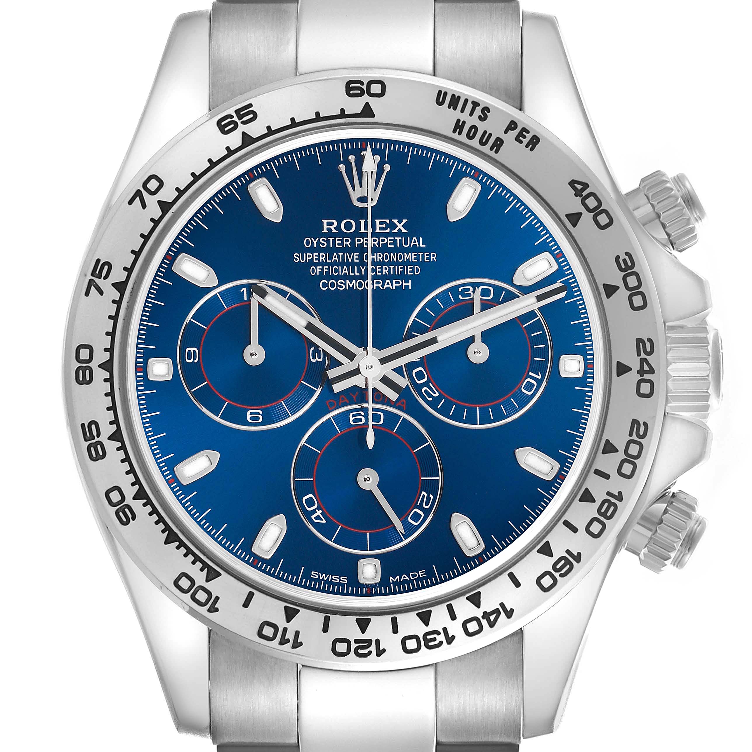 The Rolex Daytona 116509 Men's White Gold Blue Dial 116509 Men's White Gold Blue Dial watch is shown from a front view, highlighting the dial, bezel, and pushers.