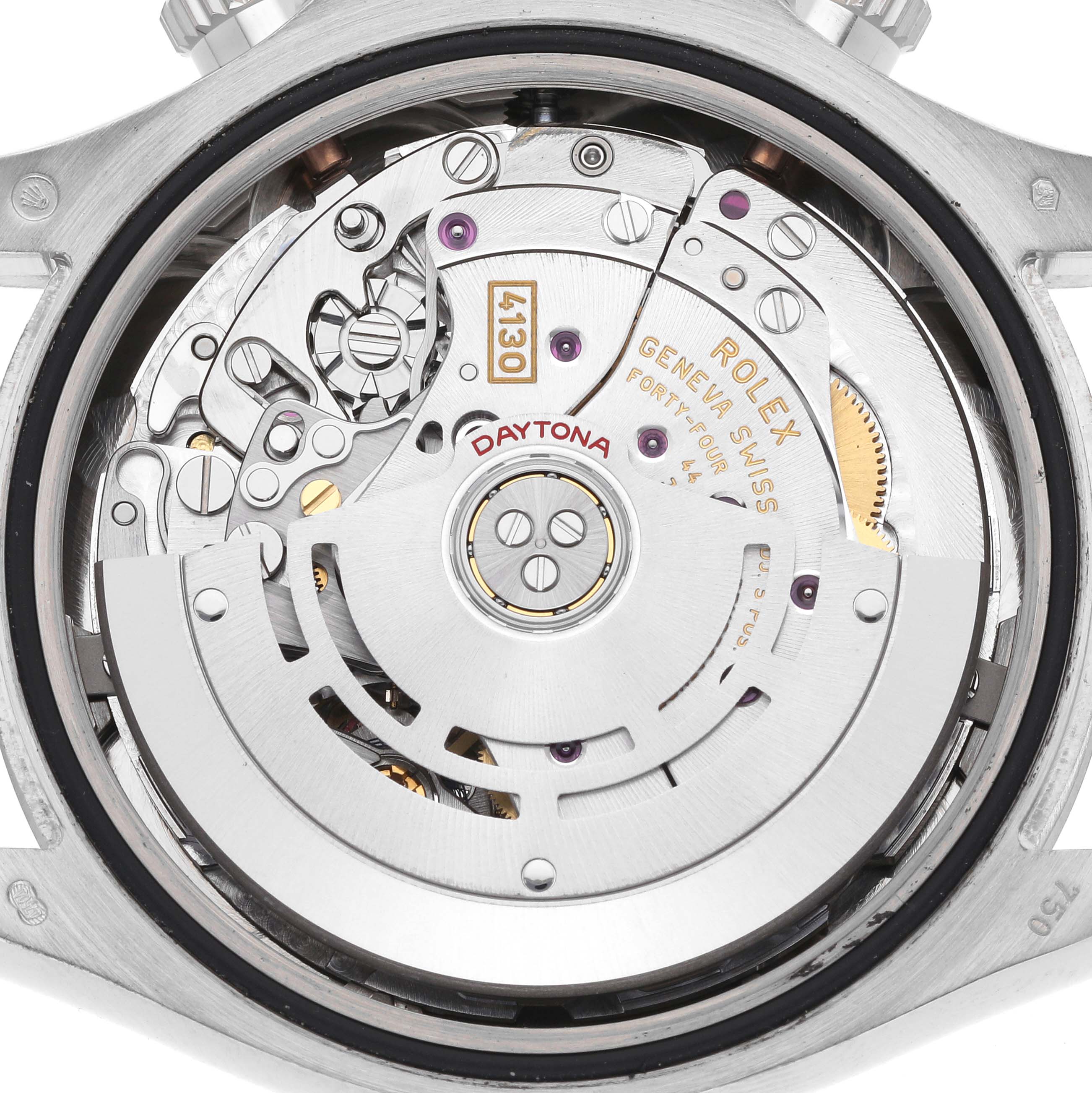 The image shows the movement of a Rolex Daytona 116509 Men's White Gold Blue Dial 116509 Men's White Gold Blue Dial watch from a rear, close-up angle, highlighting the intricate mechanics.
