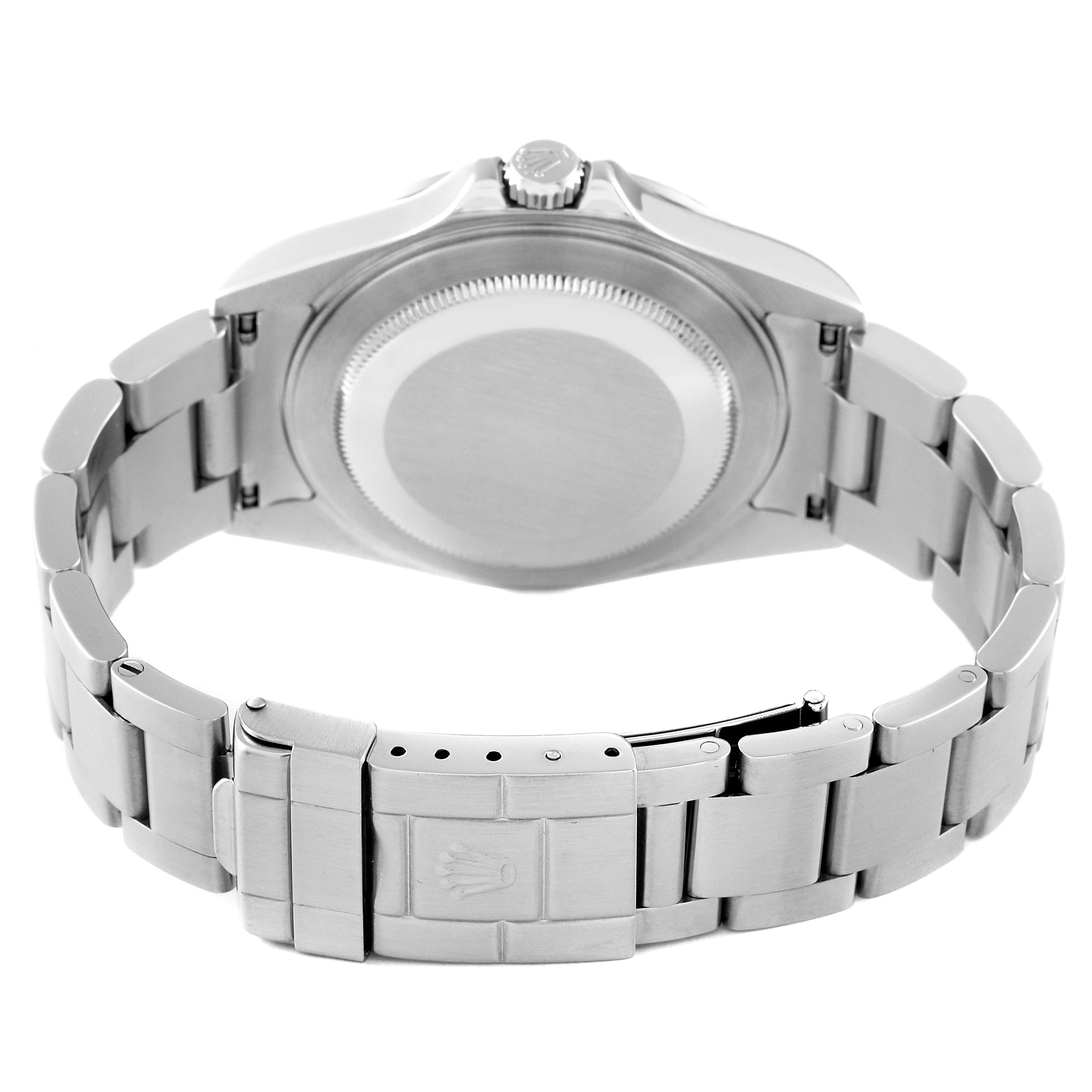 The image shows the back case and bracelet of a Rolex Explorer 16570 Men
s Stainless Steel Black Dial 16570 Men
s Stainless Steel Black Dial watch from a rear angle.