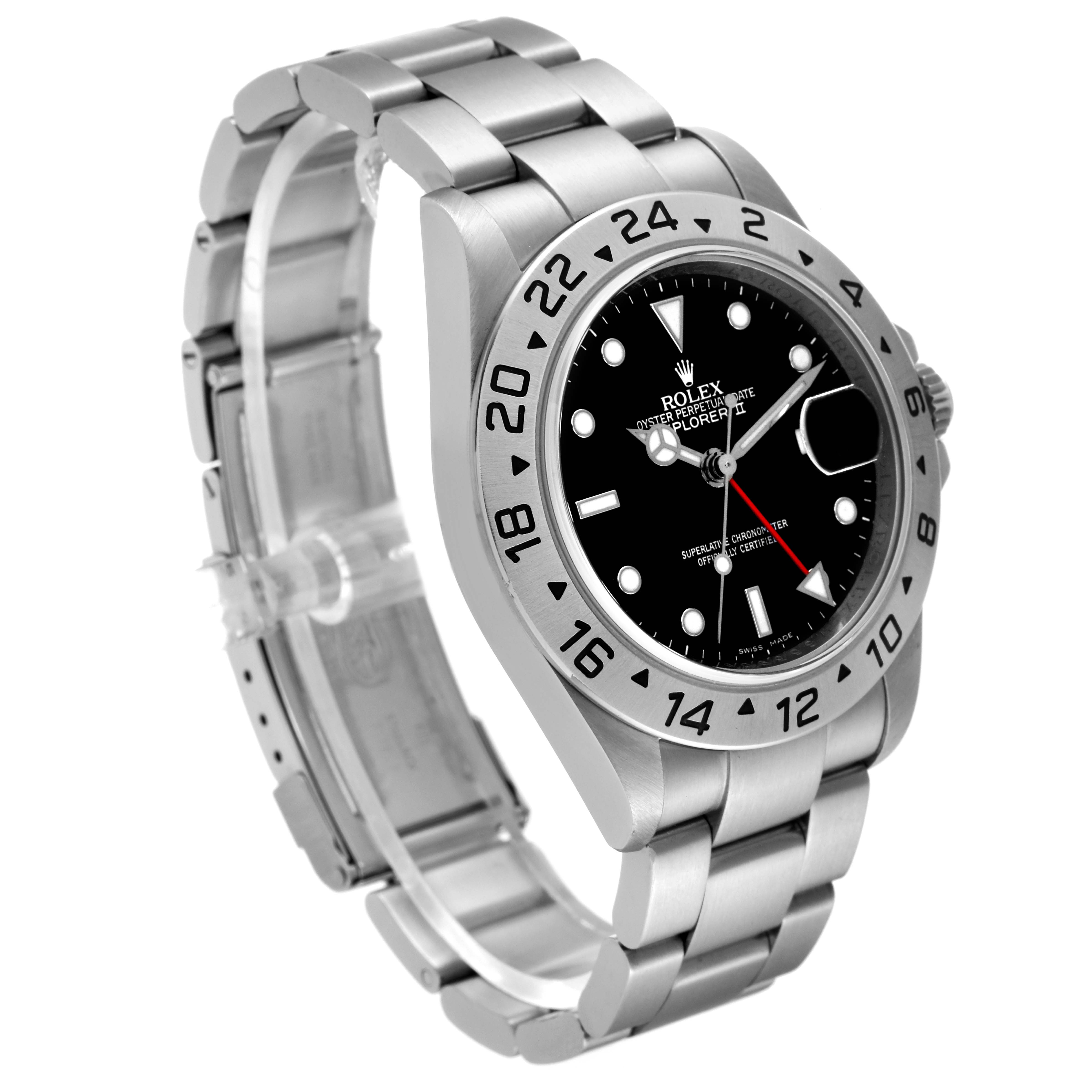The image shows a side-angle view of the Rolex Explorer 16570 Men
s Stainless Steel Black Dial 16570 Men
s Stainless Steel Black Dial watch, highlighting its bezel, dial, and bracelet.