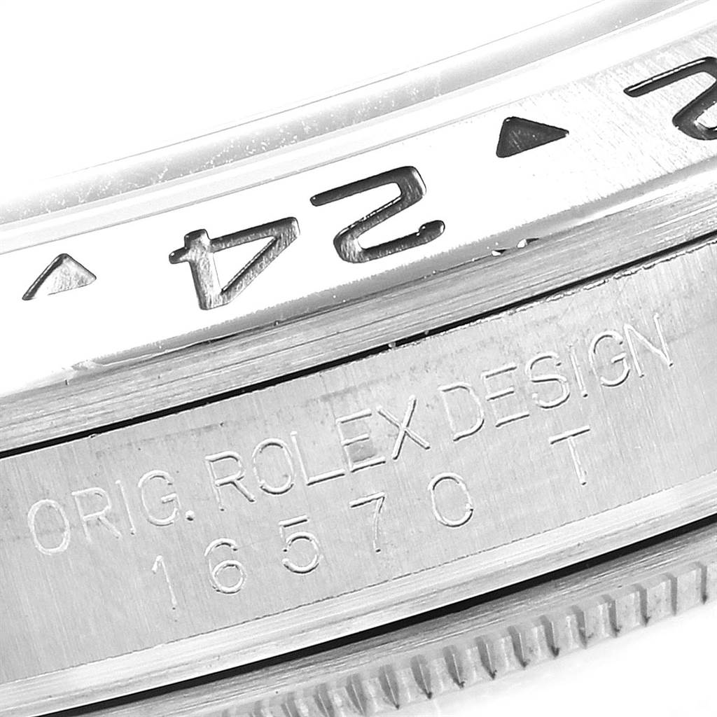 This close-up image shows the engraved bezel and case side of the Rolex Explorer 16570 Men
s Stainless Steel Black Dial 16570 Men
s Stainless Steel Black Dial watch, highlighting its design and model number.