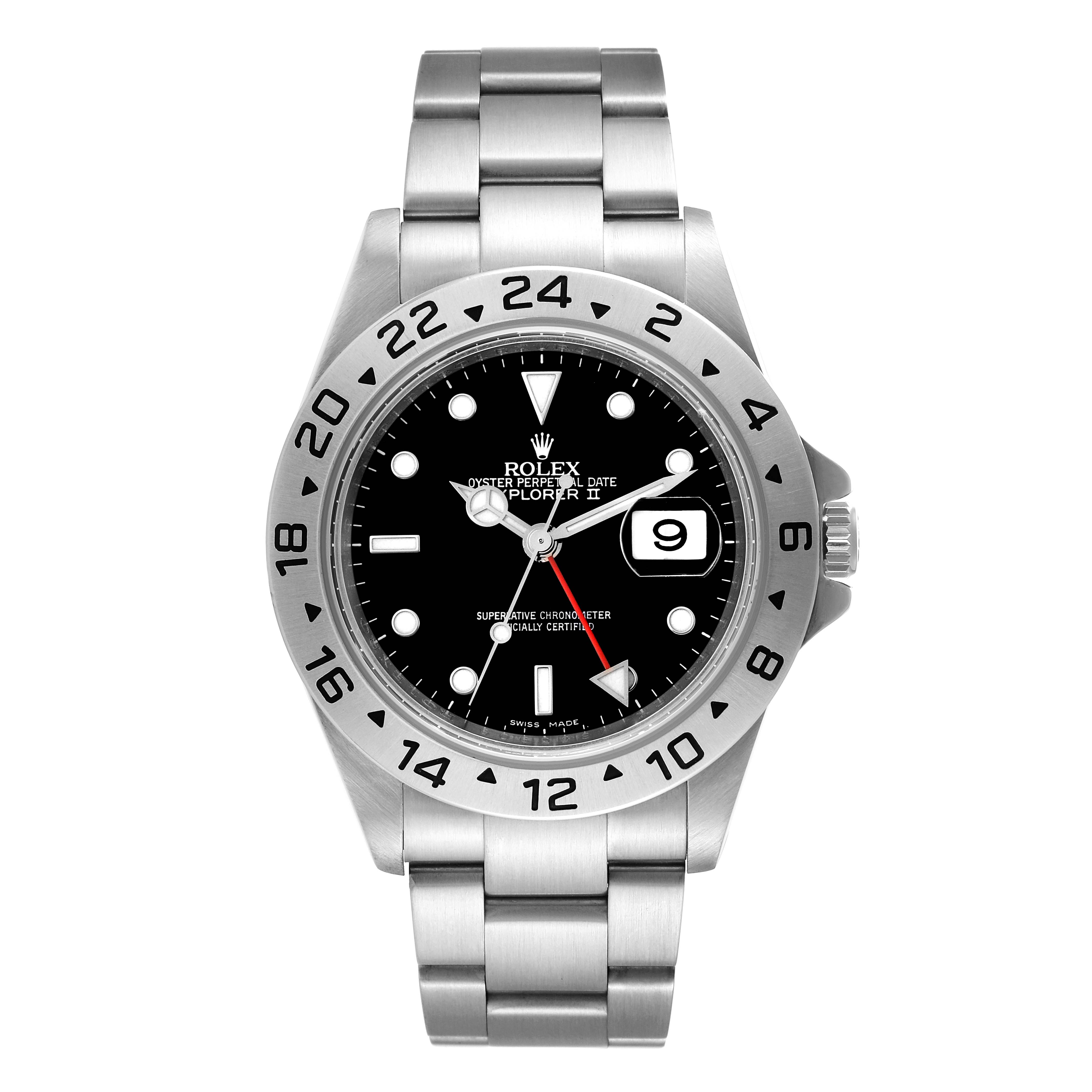 The image shows a front view of a Rolex Explorer 16570 Men
s Stainless Steel Black Dial 16570 Men
s Stainless Steel Black Dial watch, displaying its face, bezel, and stainless steel bracelet.