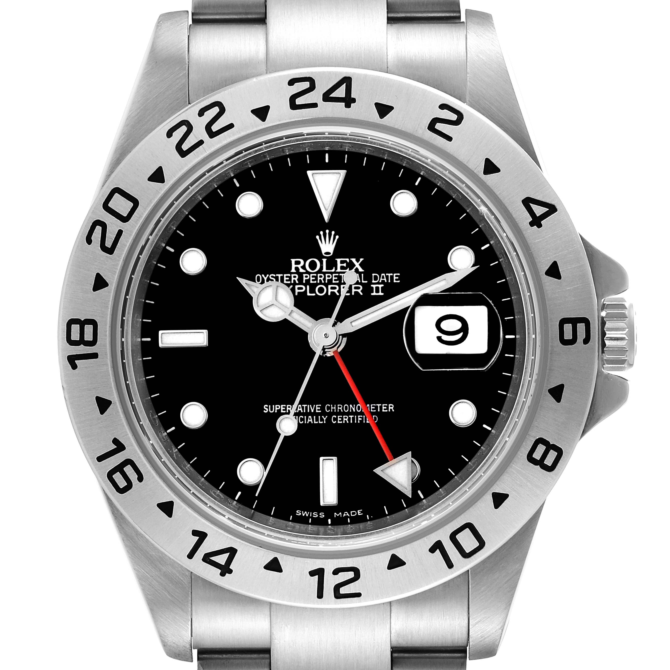 The Rolex Explorer 16570 Men
s Stainless Steel Black Dial 16570 Men
s Stainless Steel Black Dial watch is shown from a front angle, displaying the dial, bezel, and part of the bracelet.