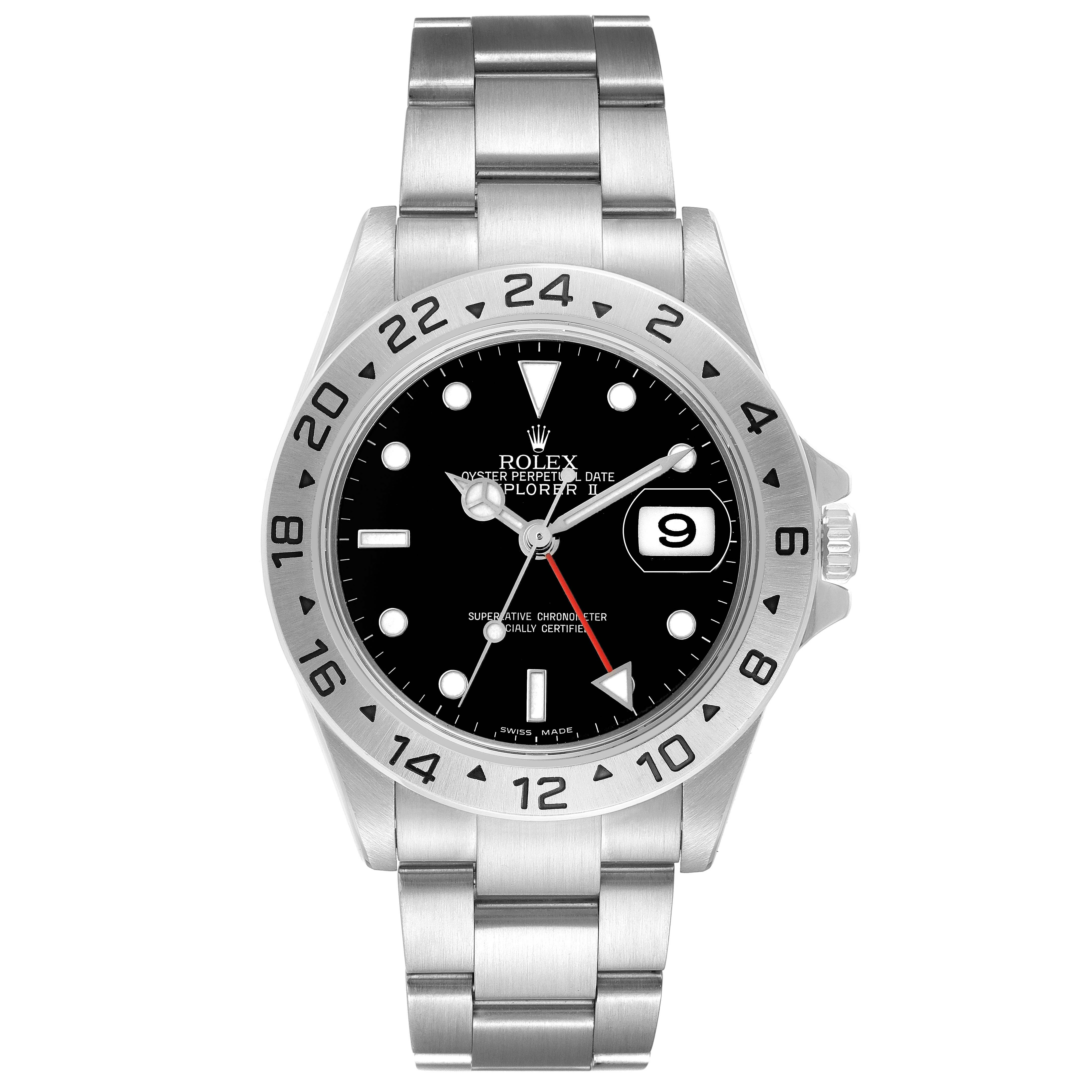 The Rolex Explorer 16570 Men's Stainless Steel Black Dial model is shown from the front, highlighting the dial, bezel, bracelet, and crown.