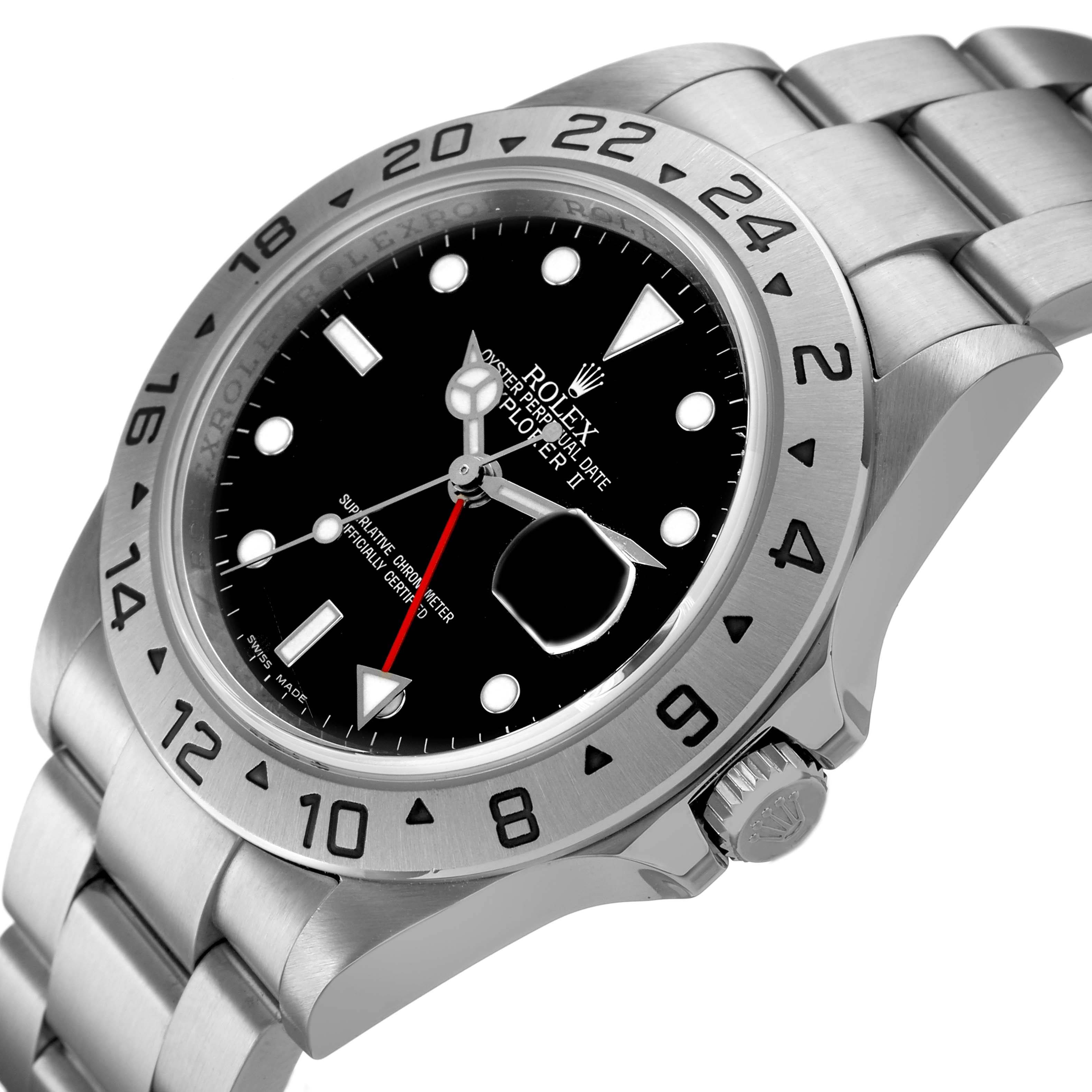 The image shows a Rolex Explorer 16570 Men's Stainless Steel Black Dial watch at a three-quarter angle, highlighting the bezel, dial, bracelet, and crown.