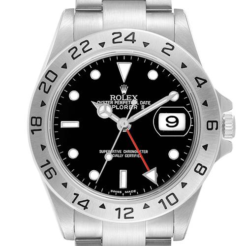 The Rolex Explorer 16570 Men's Stainless Steel Black Dial II watch is shown from the front, highlighting its dial and bezel with a date window at three o'clock.
