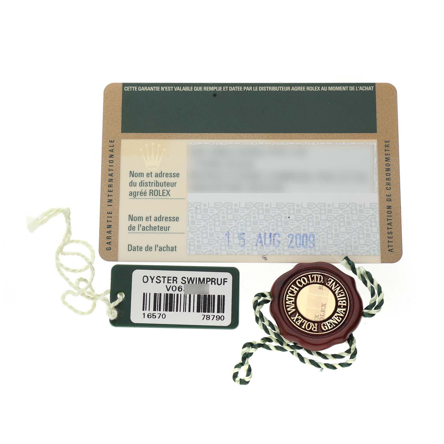 The image shows a Rolex Explorer 16570 Men's Stainless Steel Black Dial warranty card, a hang tag with a barcode, and a seal.