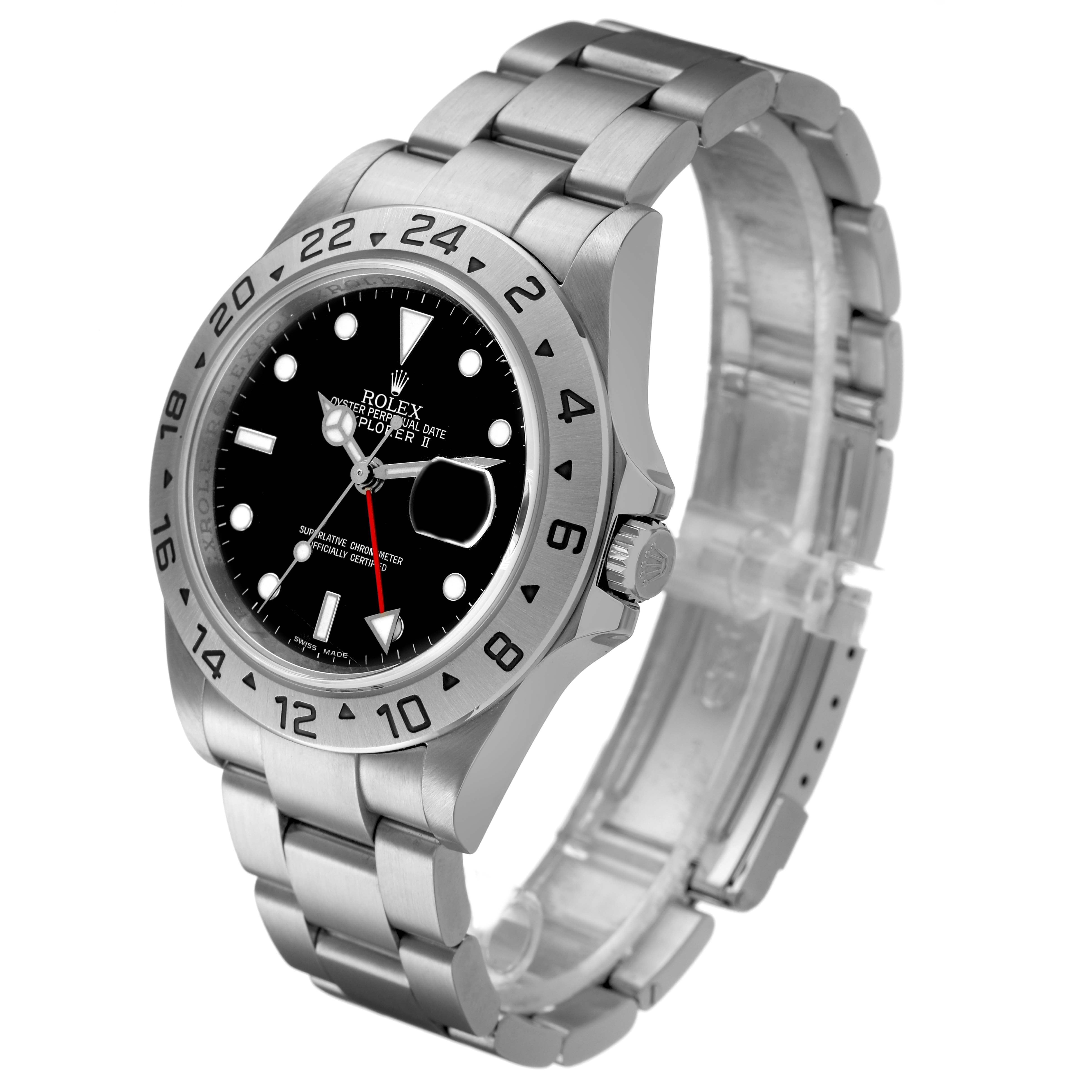 The Rolex Explorer 16570 Men's Stainless Steel Black Dial model is shown at an angled view, highlighting the bezel, dial, and bracelet.