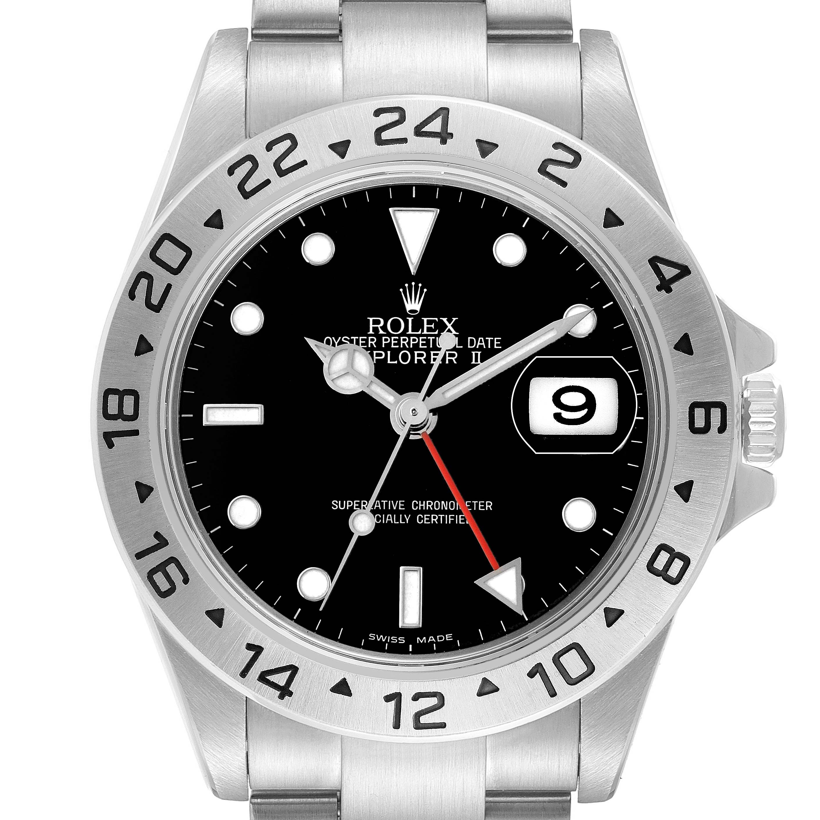 The Rolex Explorer 16570 Men's Stainless Steel Black Dial model is shown from a front angle, highlighting the bezel, dial, and bracelet.