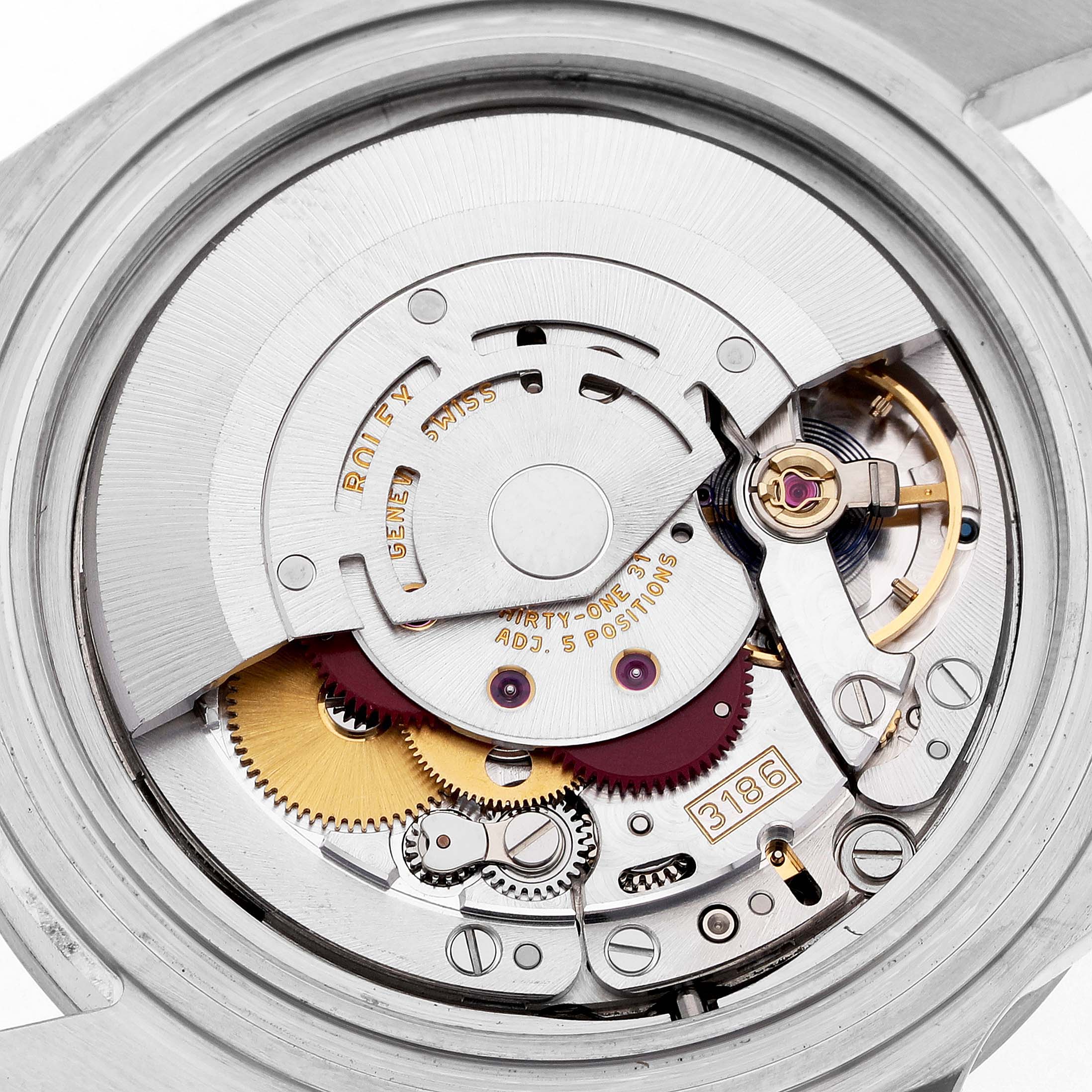 The image shows the intricate movement and internal components of a Rolex Explorer 16570 Men's Stainless Steel Black Dial watch from a top-down angle.