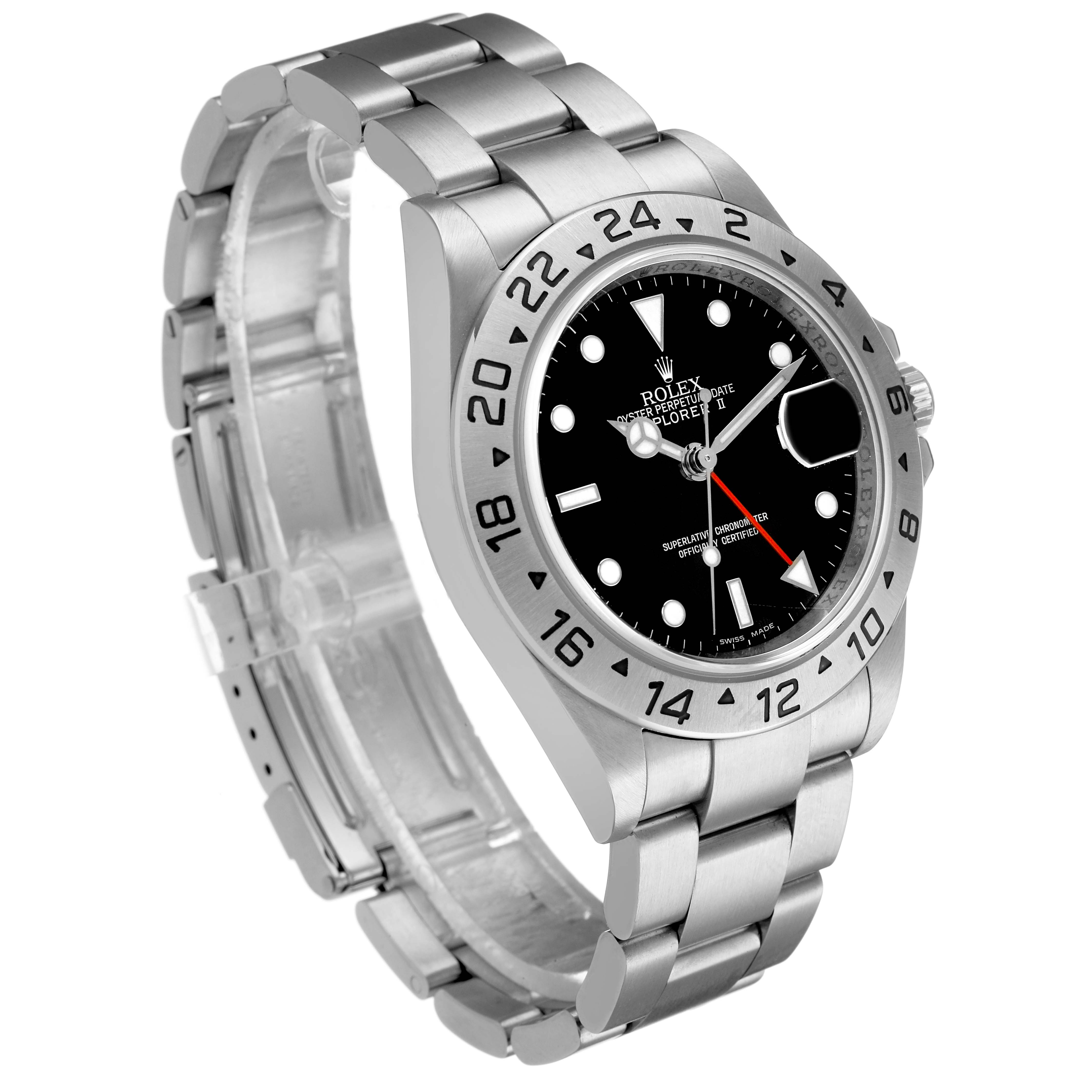 The image shows a Rolex Explorer 16570 Men's Stainless Steel Black Dial watch from a three-quarter angle, highlighting the dial, bezel, bracelet, and crown.
