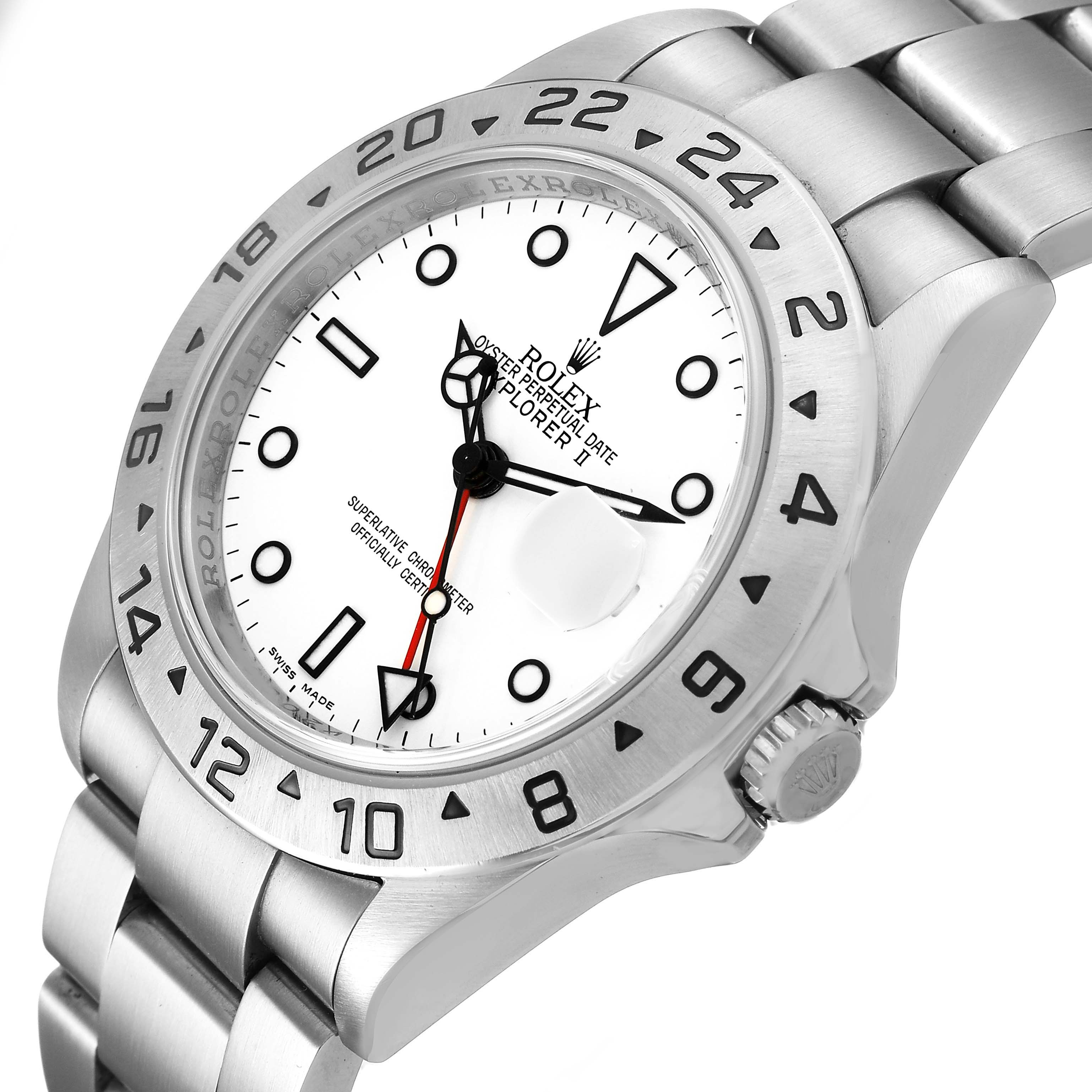 The Rolex Explorer 16570 Men's Stainless Steel White Dial watch is shown at a slight angle, highlighting the dial, bezel, crown, and part of the bracelet.