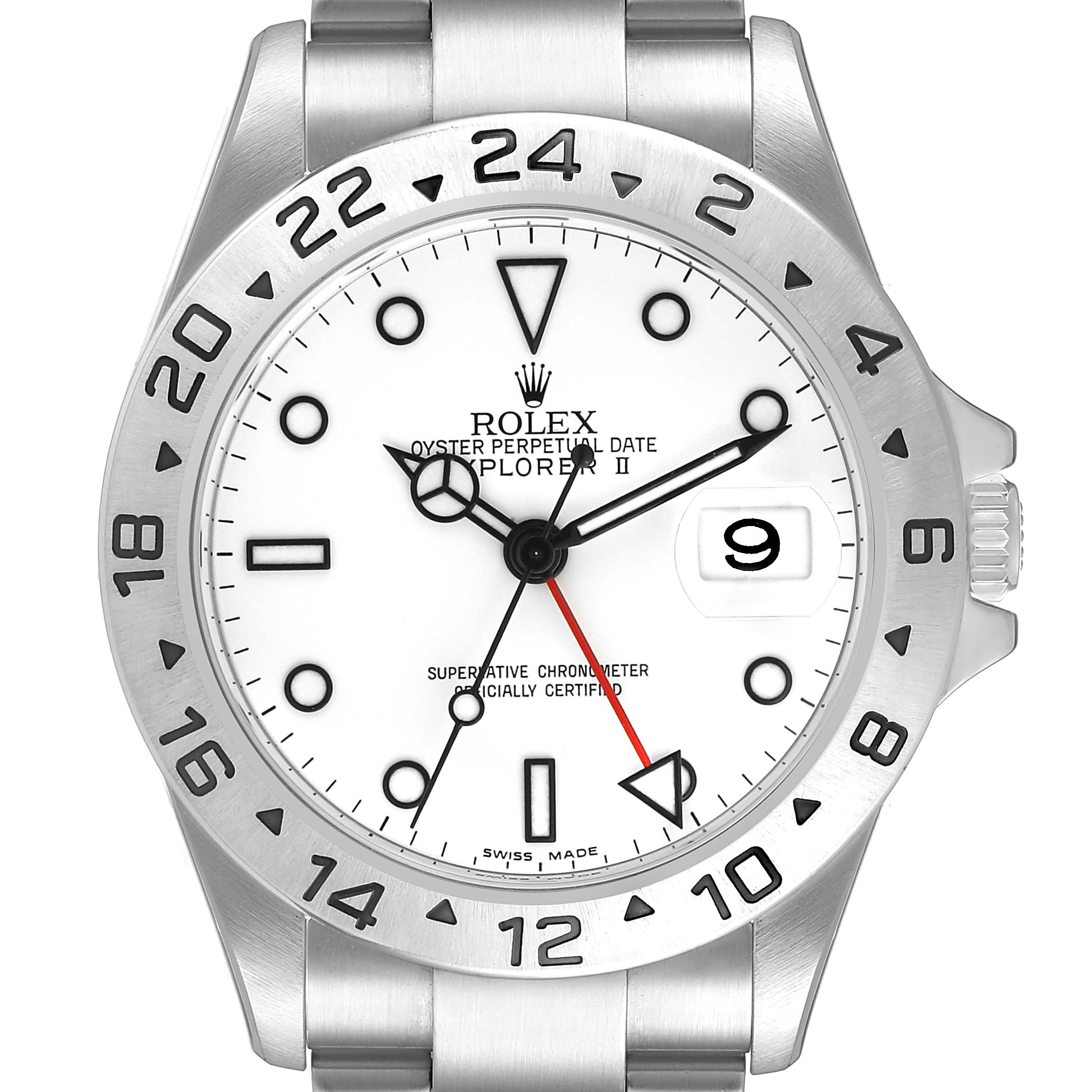 The Rolex Explorer 16570 Men's Stainless Steel White Dial watch is shown from a frontal angle, highlighting the dial, hands, bezel, and part of the bracelet.