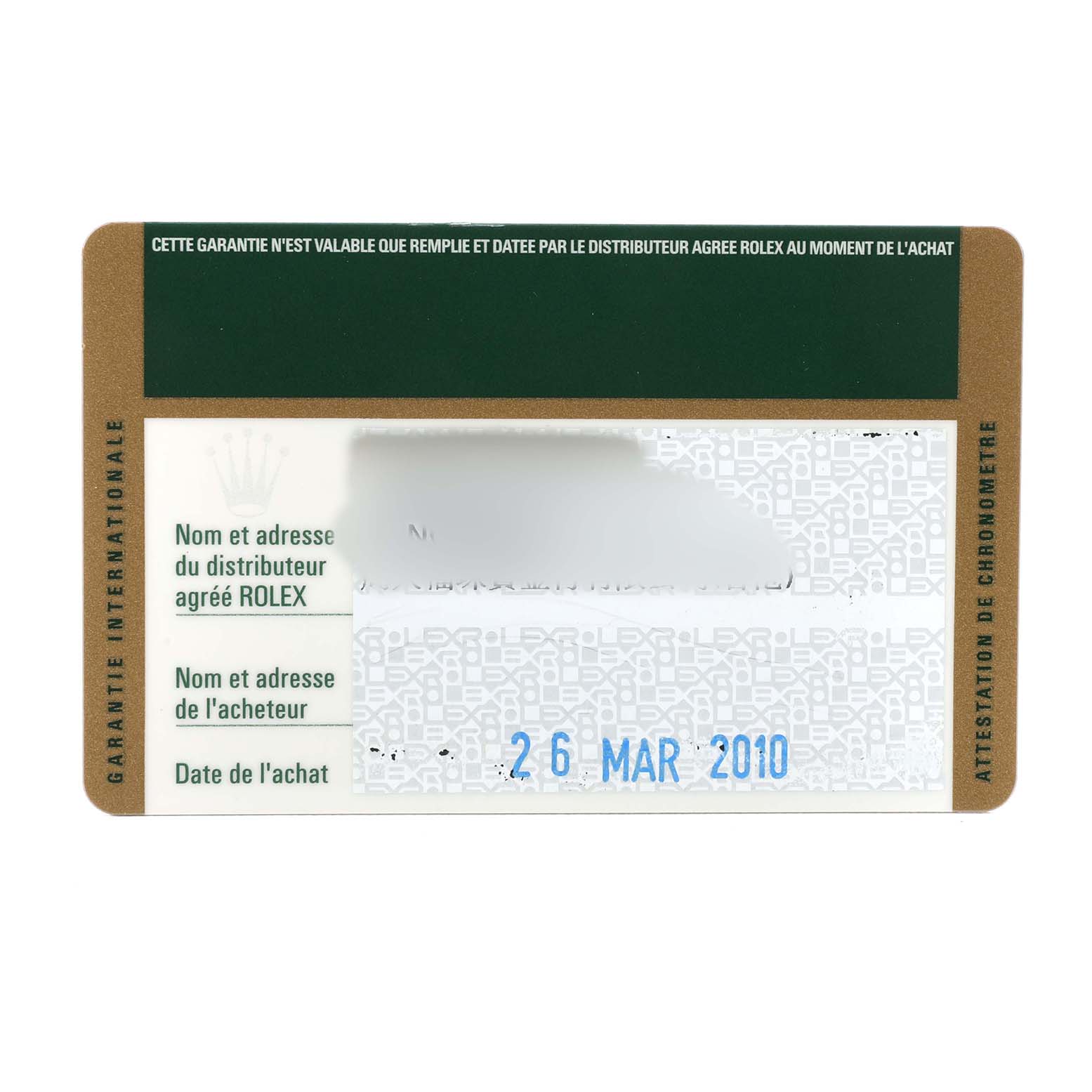 The image shows the warranty card for the Rolex Explorer 16570 Men's Stainless Steel White Dial watch, displaying purchase details and dealer information.