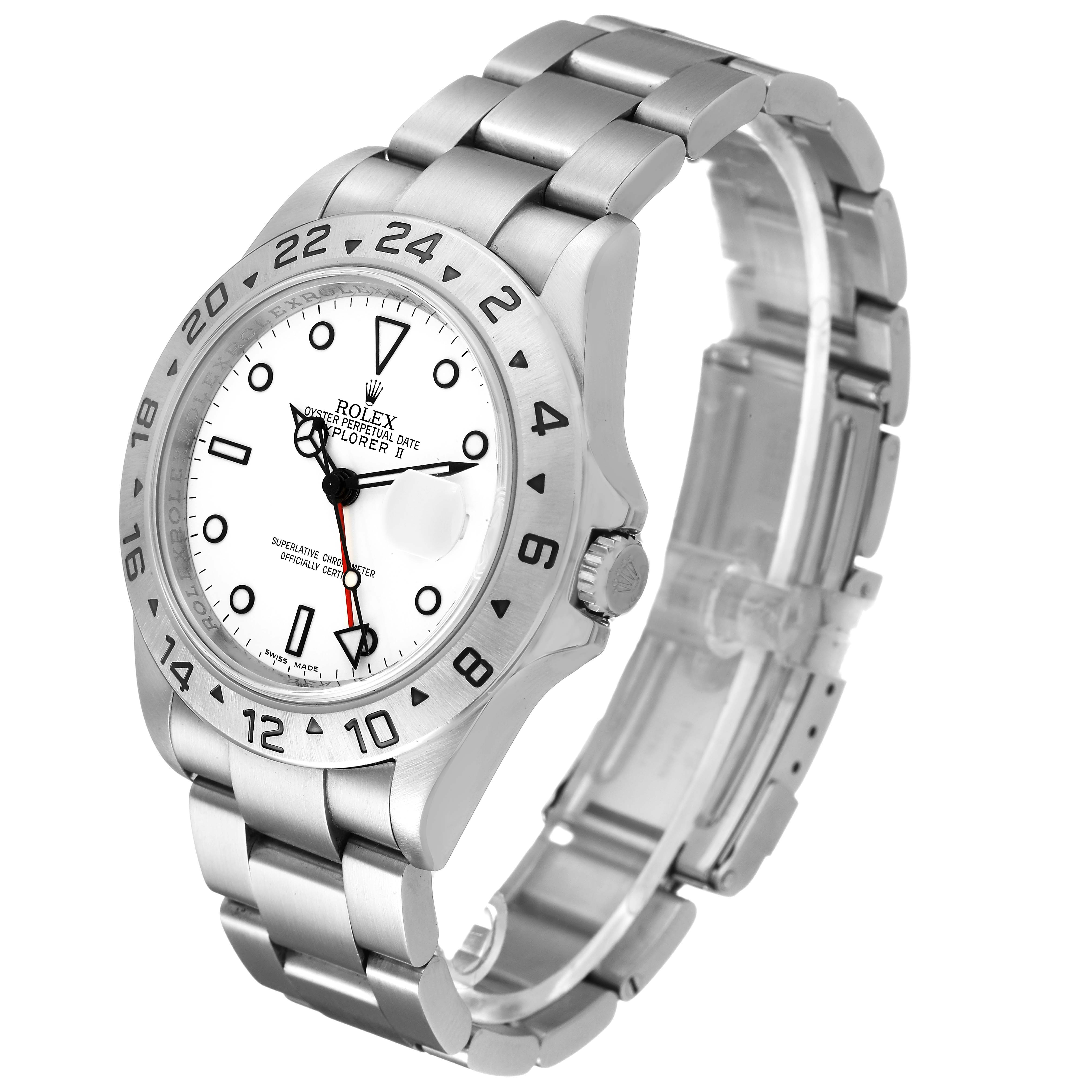 The Rolex Explorer 16570 Men's Stainless Steel White Dial model is shown at a three-quarter angle, highlighting the bezel, face, crown, and bracelet.