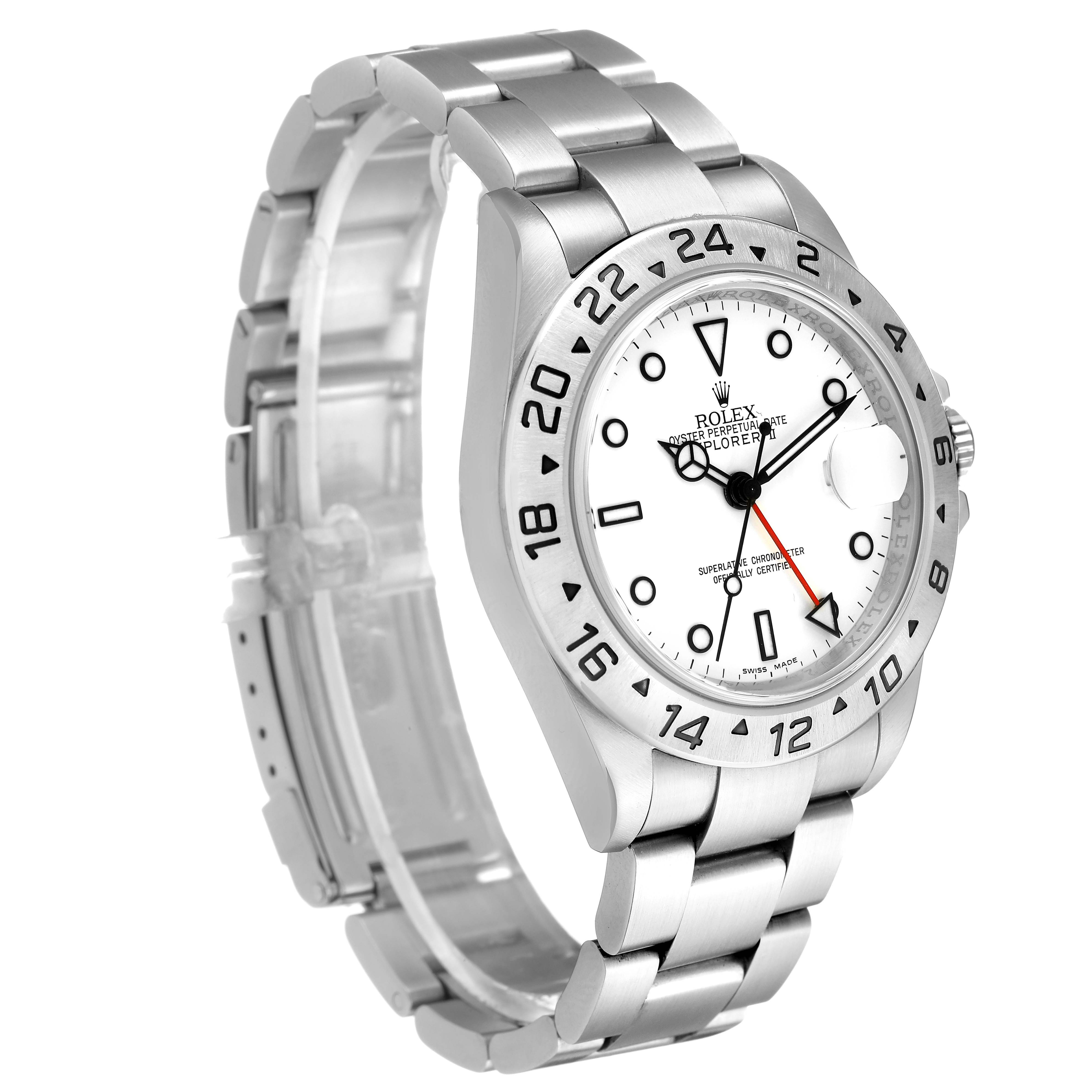 The Rolex Explorer 16570 Men's Stainless Steel White Dial watch is shown at an angle displaying the dial, bezel, and bracelet.