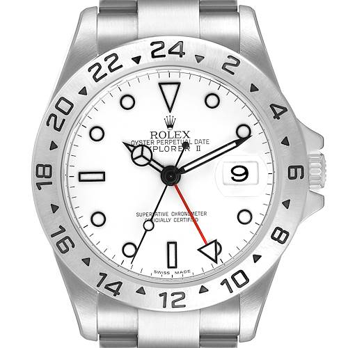 The Rolex Explorer 16570 Men's Stainless Steel White Dial II watch is shown from a front view, highlighting the dial, bezel, and part of the bracelet.