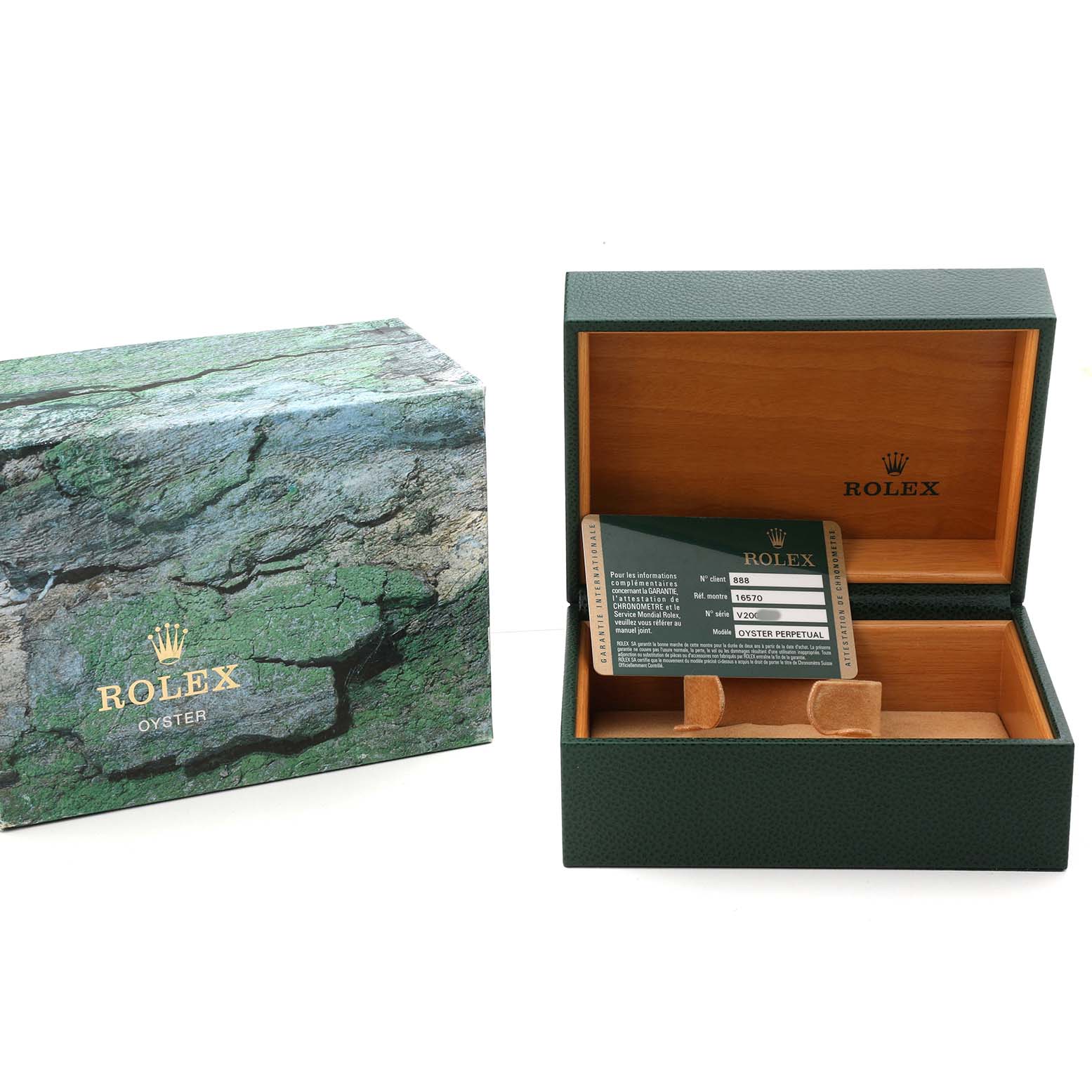 The image shows a Rolex Explorer 16570 Men's Stainless Steel White Dial box with exterior packaging and an open display of the inner case and certification card.