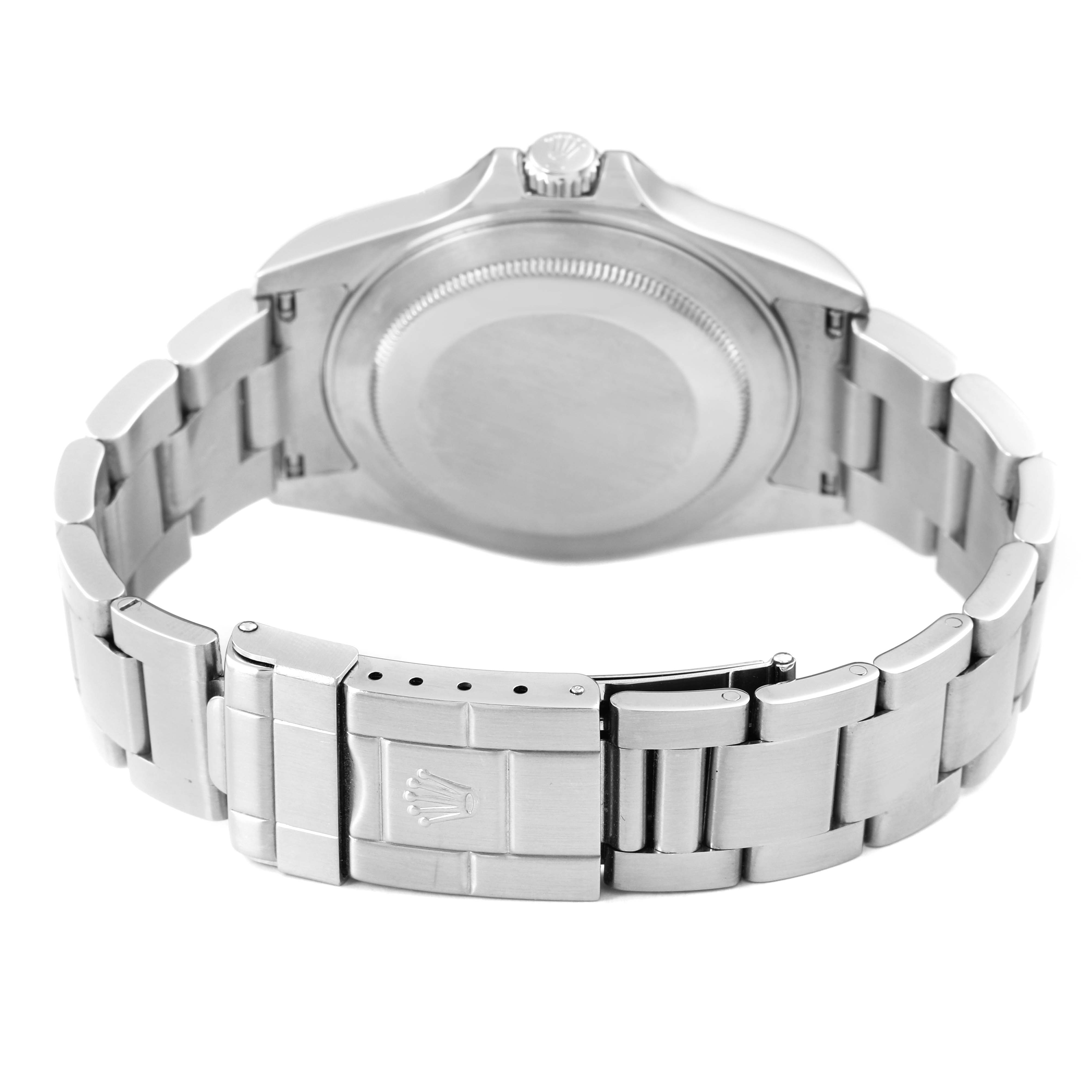 The image shows the back of a Rolex Explorer 16570 Men's Stainless Steel White Dial watch, highlighting the bracelet and clasp with the Rolex logo.
