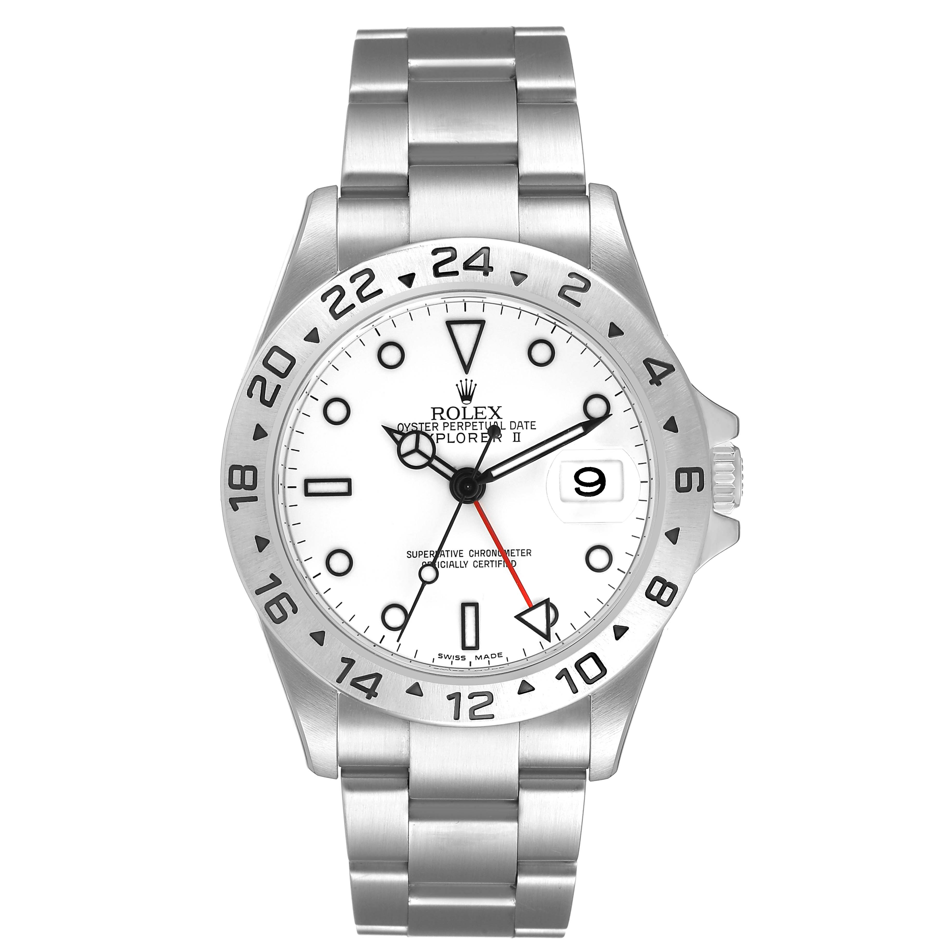 The Rolex Explorer 16570 Men's Stainless Steel White Dial model is shown from the front, displaying its dial, bezel, bracelet, and crown.