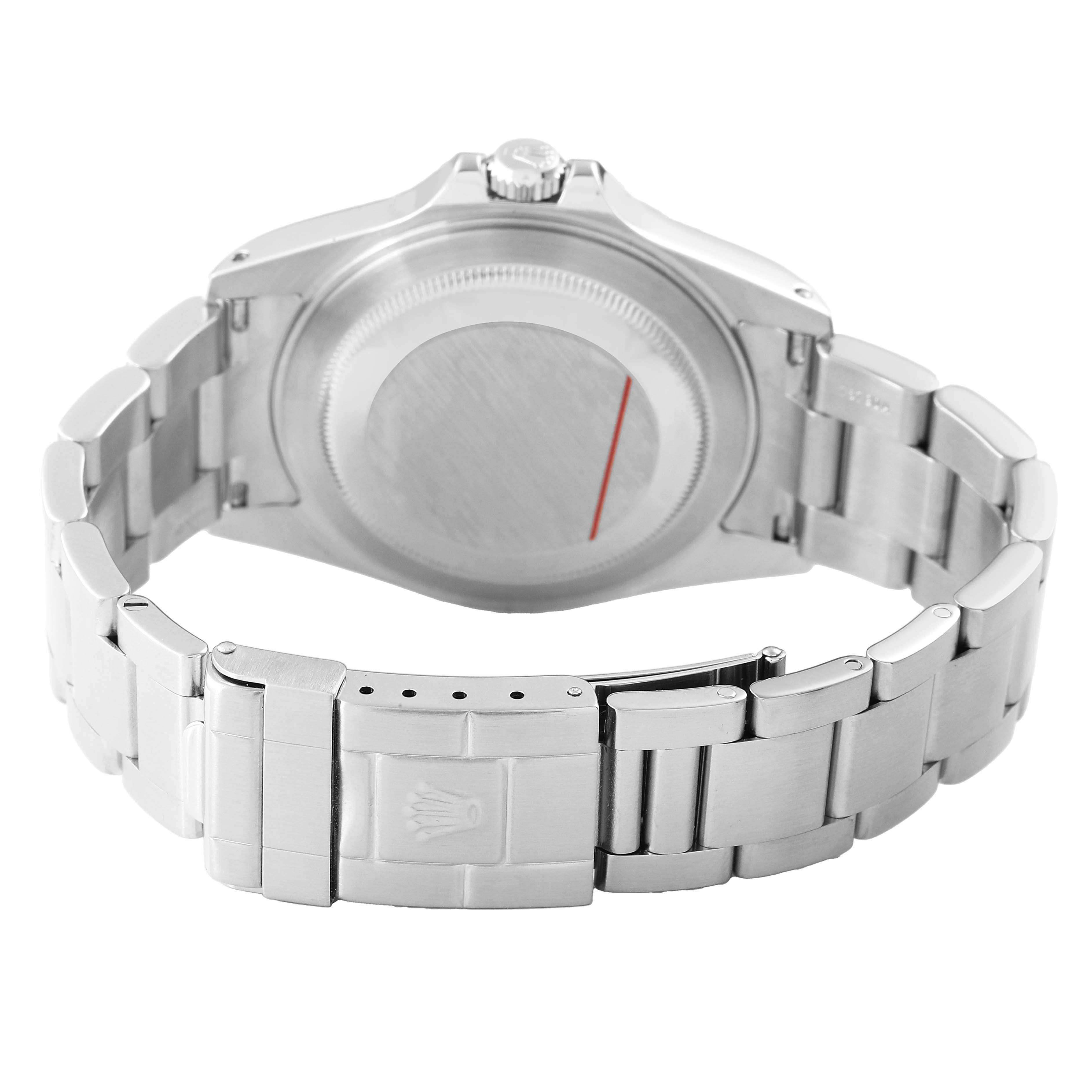 The image shows the back view of a Rolex Explorer 16570 Men's Stainless Steel White Dial watch, highlighting the case back and bracelet with the clasp open.