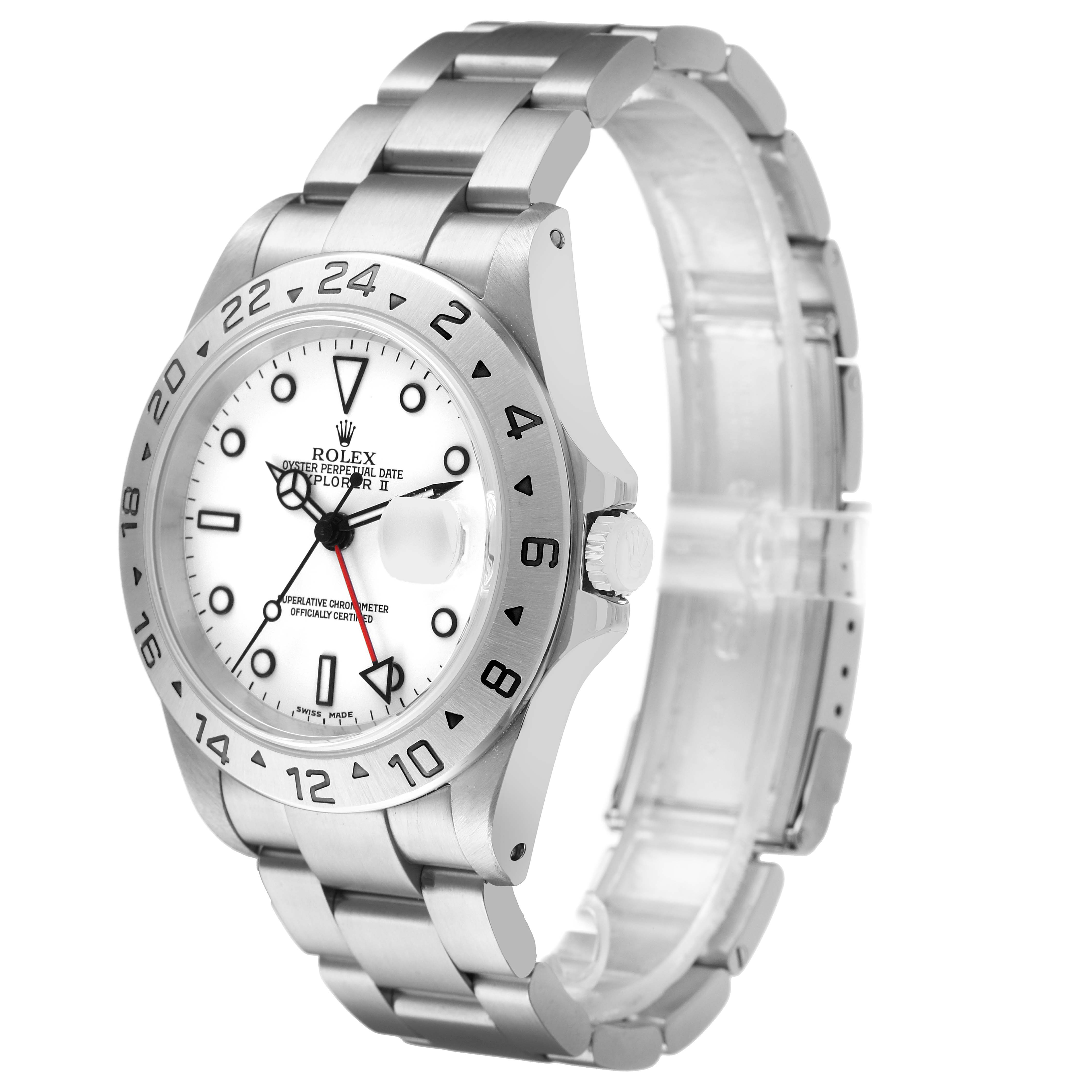 The Rolex Explorer 16570 Men's Stainless Steel White Dial watch is shown at a three-quarter angle, highlighting its bezel, dial, bracelet, and crown.