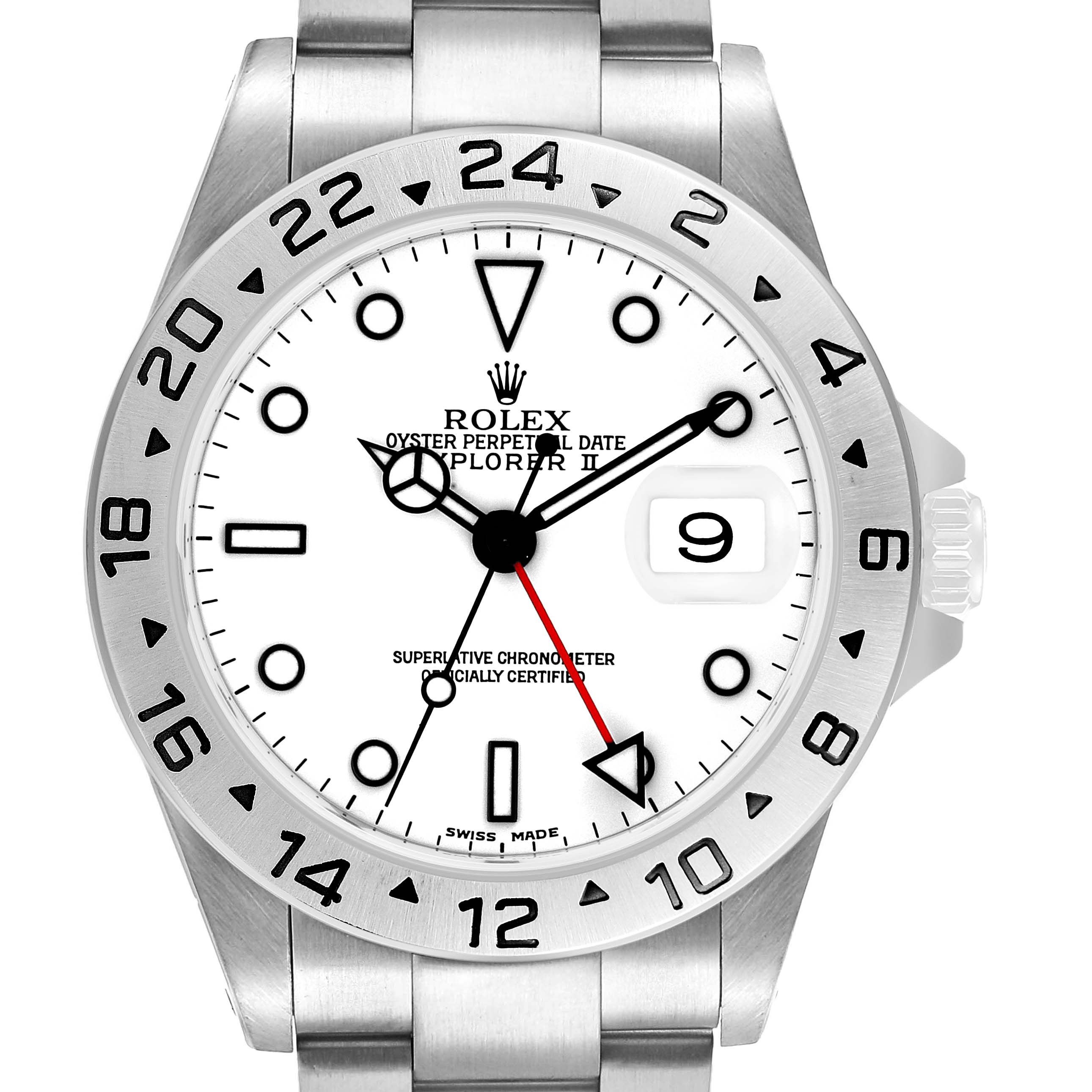 The Rolex Explorer 16570 Men's Stainless Steel White Dial II watch is shown from a front angle, displaying the dial, bezel, and part of the bracelet.