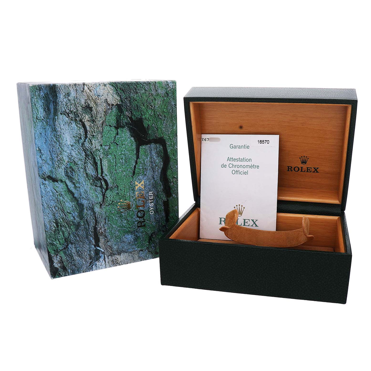 The image shows a Rolex Explorer 16570 Men's Stainless Steel White Dial box and warranty papers, with the box open displaying the interior.