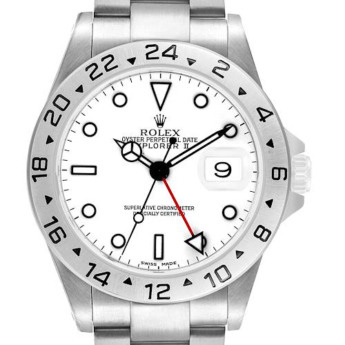 The Rolex Explorer 16570 Men's Stainless Steel White Dial II watch is shown from a front angle, highlighting the dial, bezel, and bracelet.