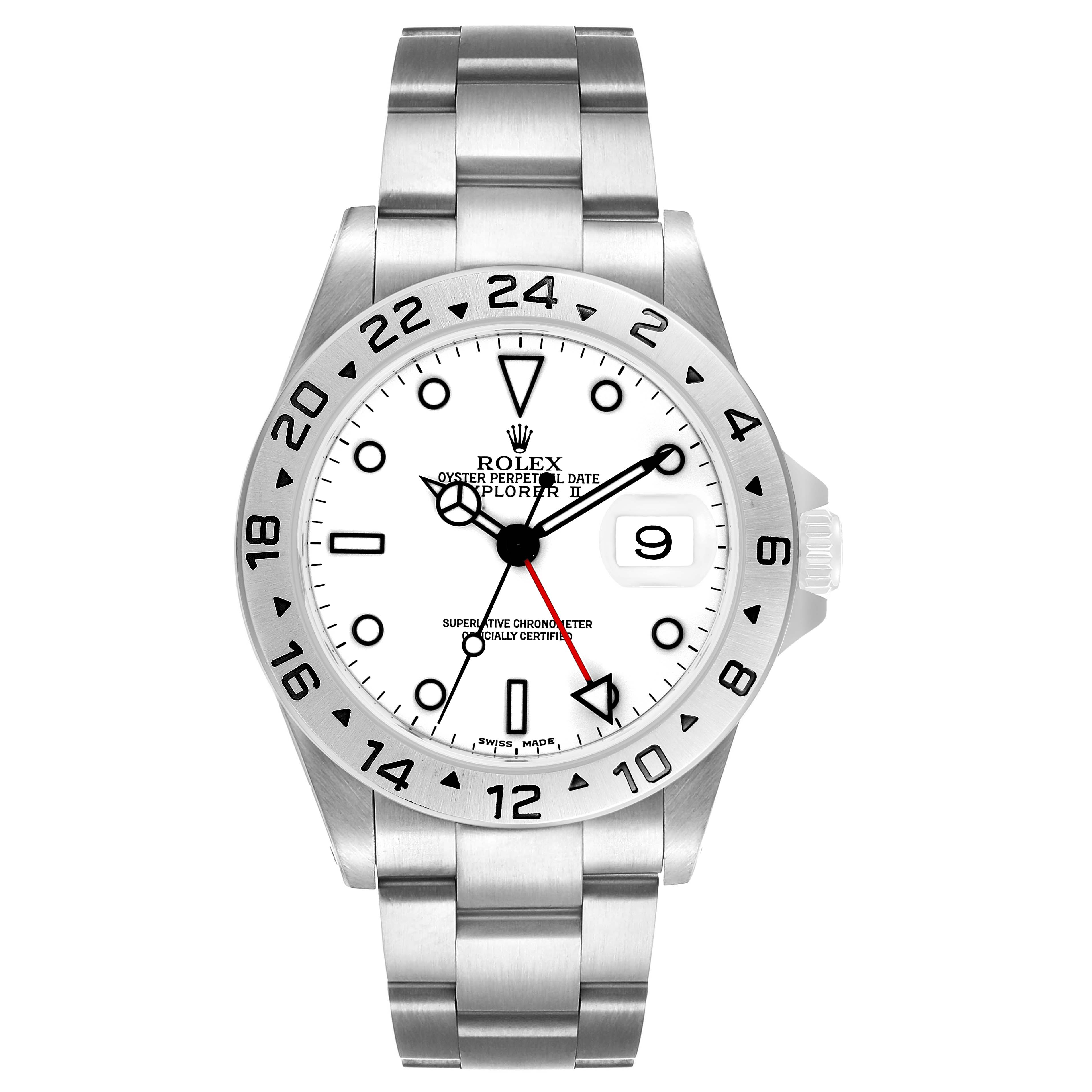 The Rolex Explorer 16570 Men's Stainless Steel White Dial watch is shown from a top-down angle, highlighting its face, bezel, and bracelet.