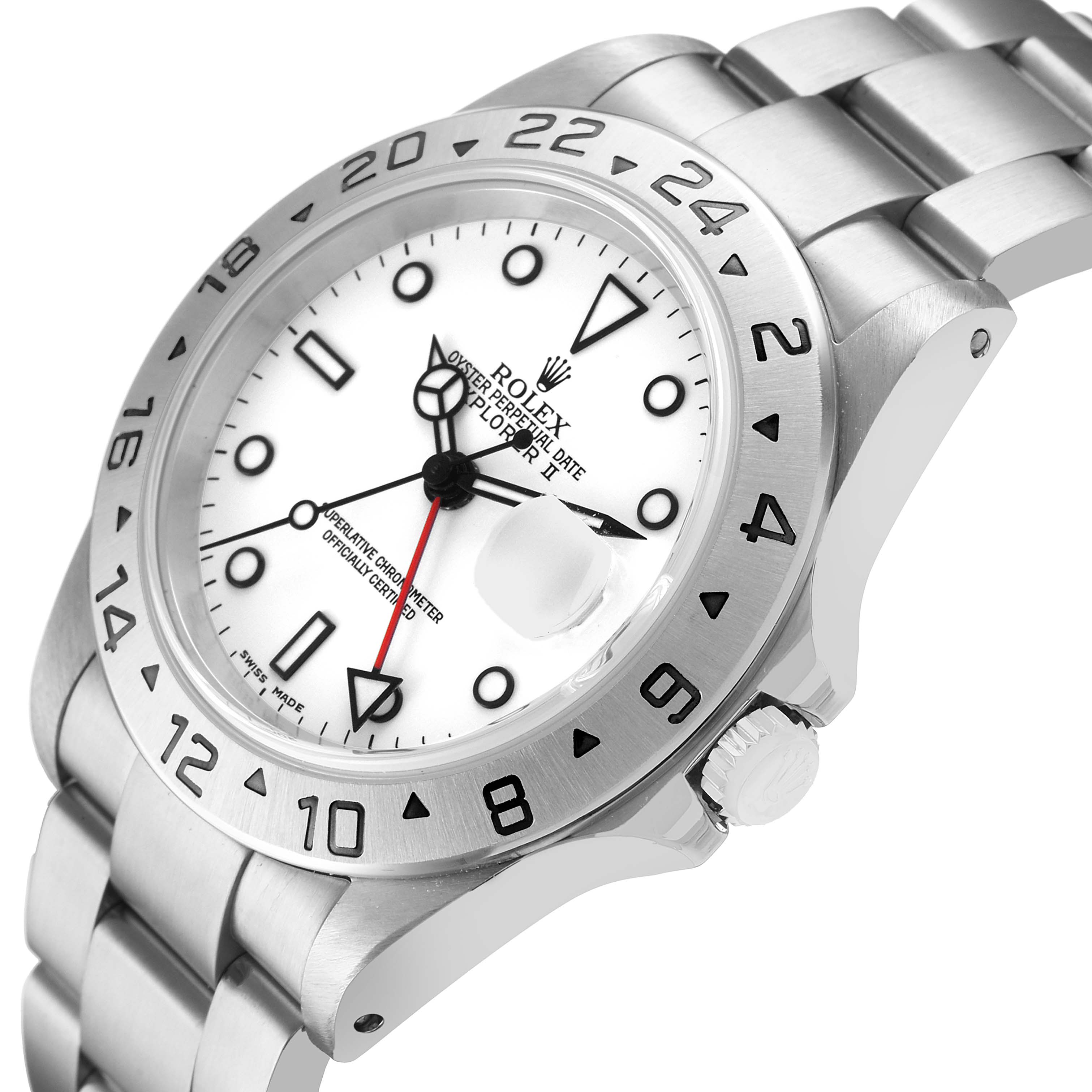 The Rolex Explorer 16570 Men's Stainless Steel White Dial watch is shown at an angled front view, highlighting the bezel, crown, and bracelet.