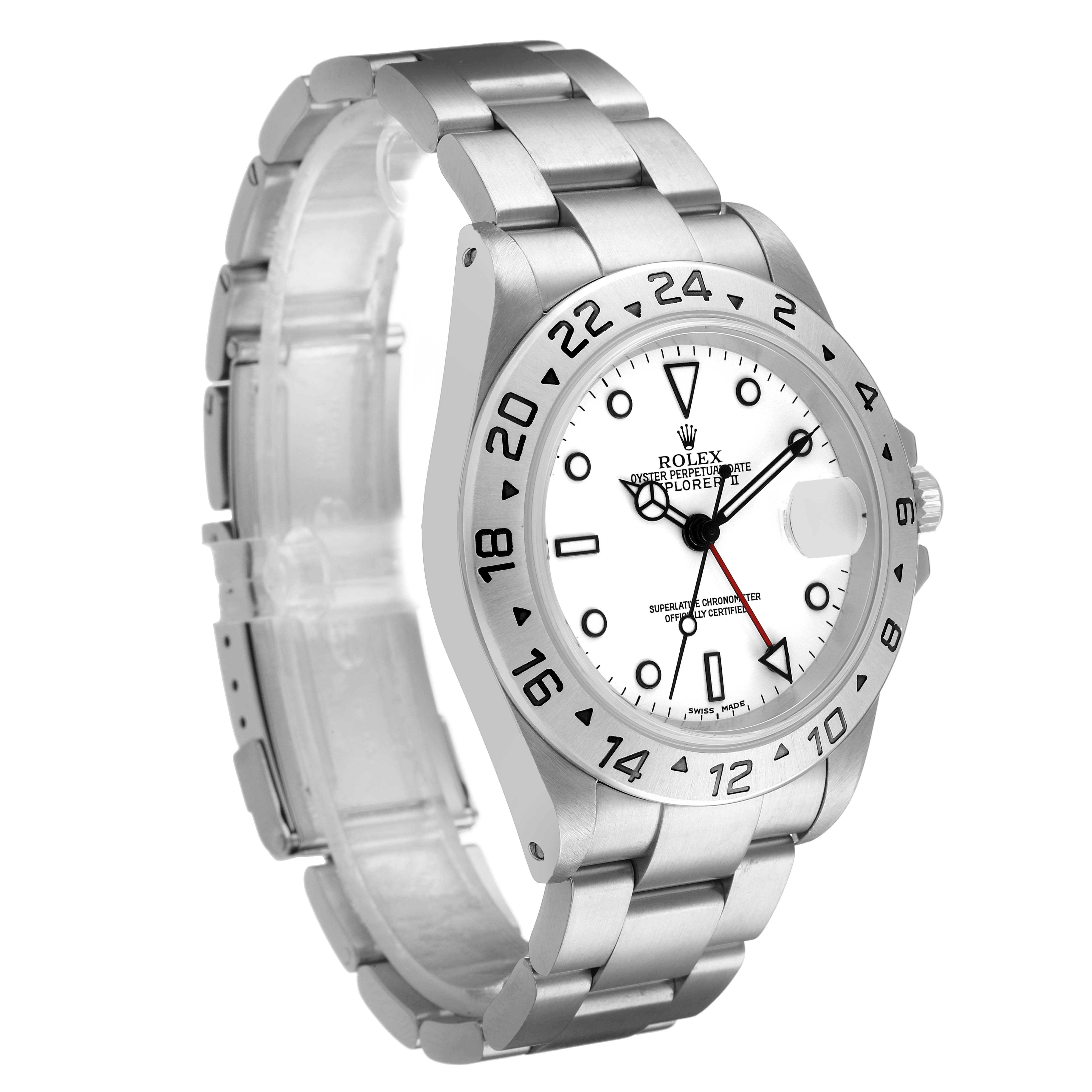 The Rolex Explorer 16570 Men's Stainless Steel White Dial watch is shown at a three-quarter angle, highlighting its bezel, dial, bracelet, and crown.