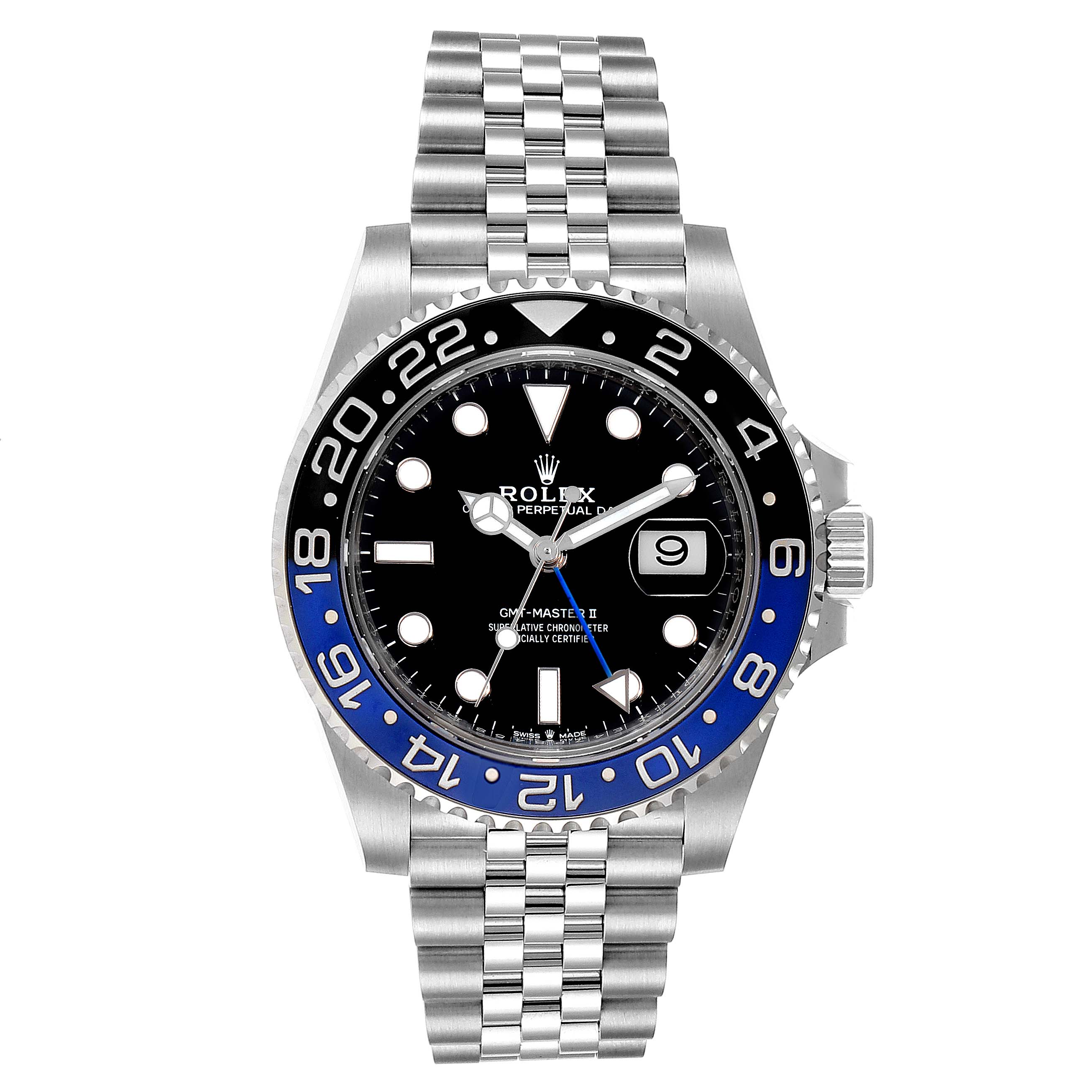 The image shows a front view of a Rolex GMT-Master 126710 Men
s Stainless Steel Black Dial 126710 Men
s Stainless Steel Black Dial II watch, displaying its bezel, dial, hands, and Jubilee bracelet.