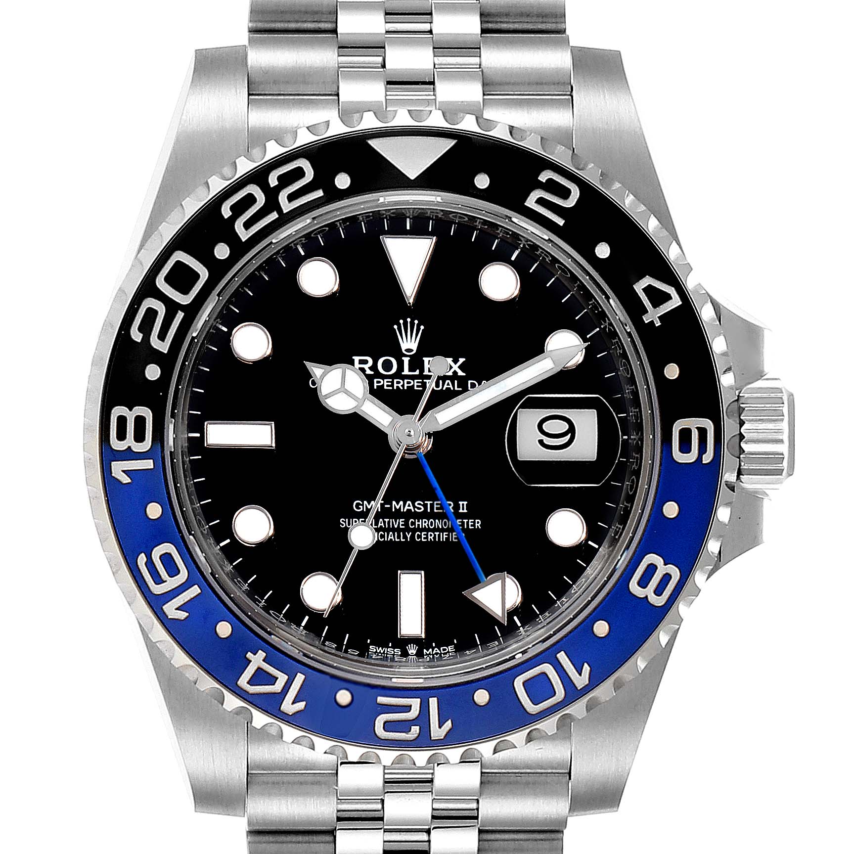 The image shows a frontal view of a Rolex GMT-Master 126710 Men
s Stainless Steel Black Dial 126710 Men
s Stainless Steel Black Dial II watch, displaying the dial, bezel, and part of the bracelet.