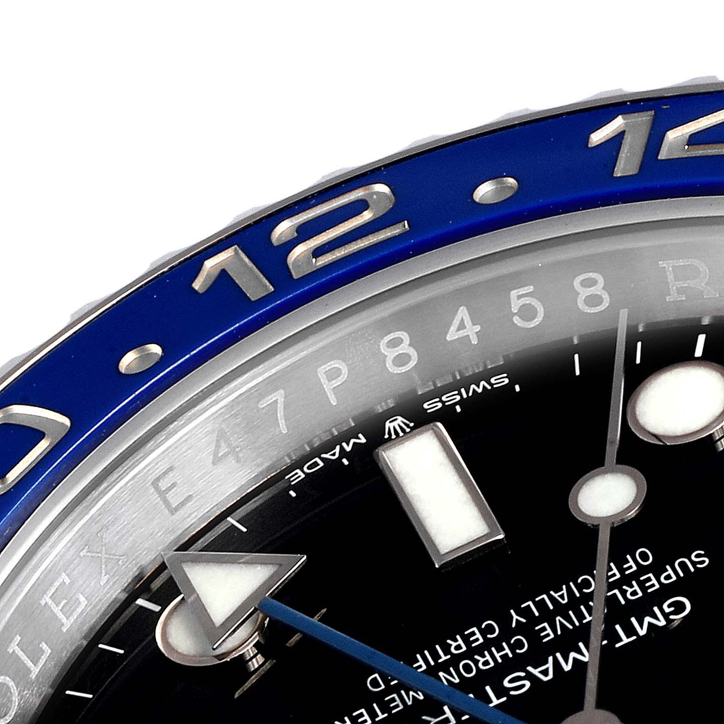 The image shows a close-up of the dial and bezel of a Rolex GMT-Master 126710 Men
s Stainless Steel Black Dial 126710 Men
s Stainless Steel Black Dial watch, highlighting part of the hour markers and numbers.