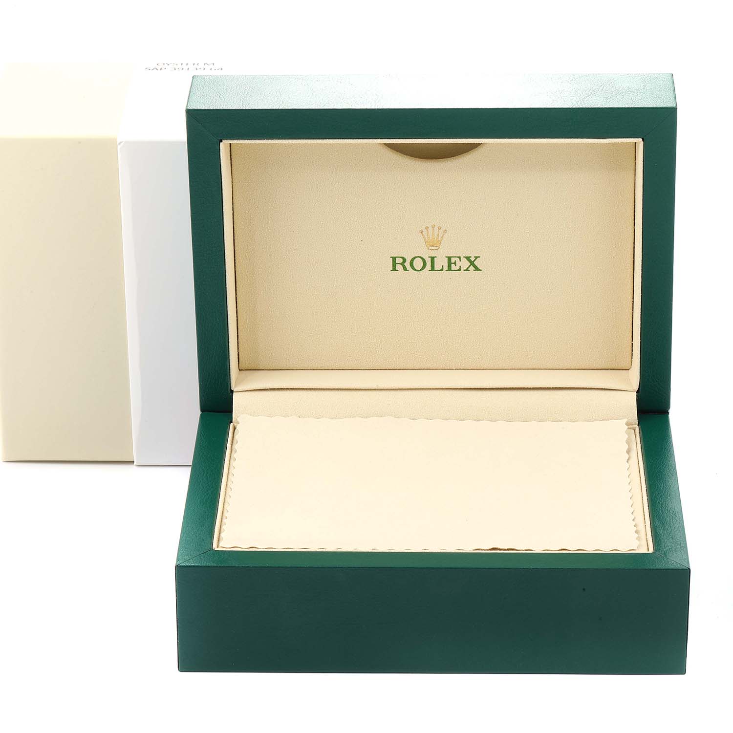 The image shows an open Rolex GMT-Master 126710 Men
s Stainless Steel Black Dial 126710 Men
s Stainless Steel Black Dial watch box, featuring a green exterior and a beige interior with the Rolex logo.