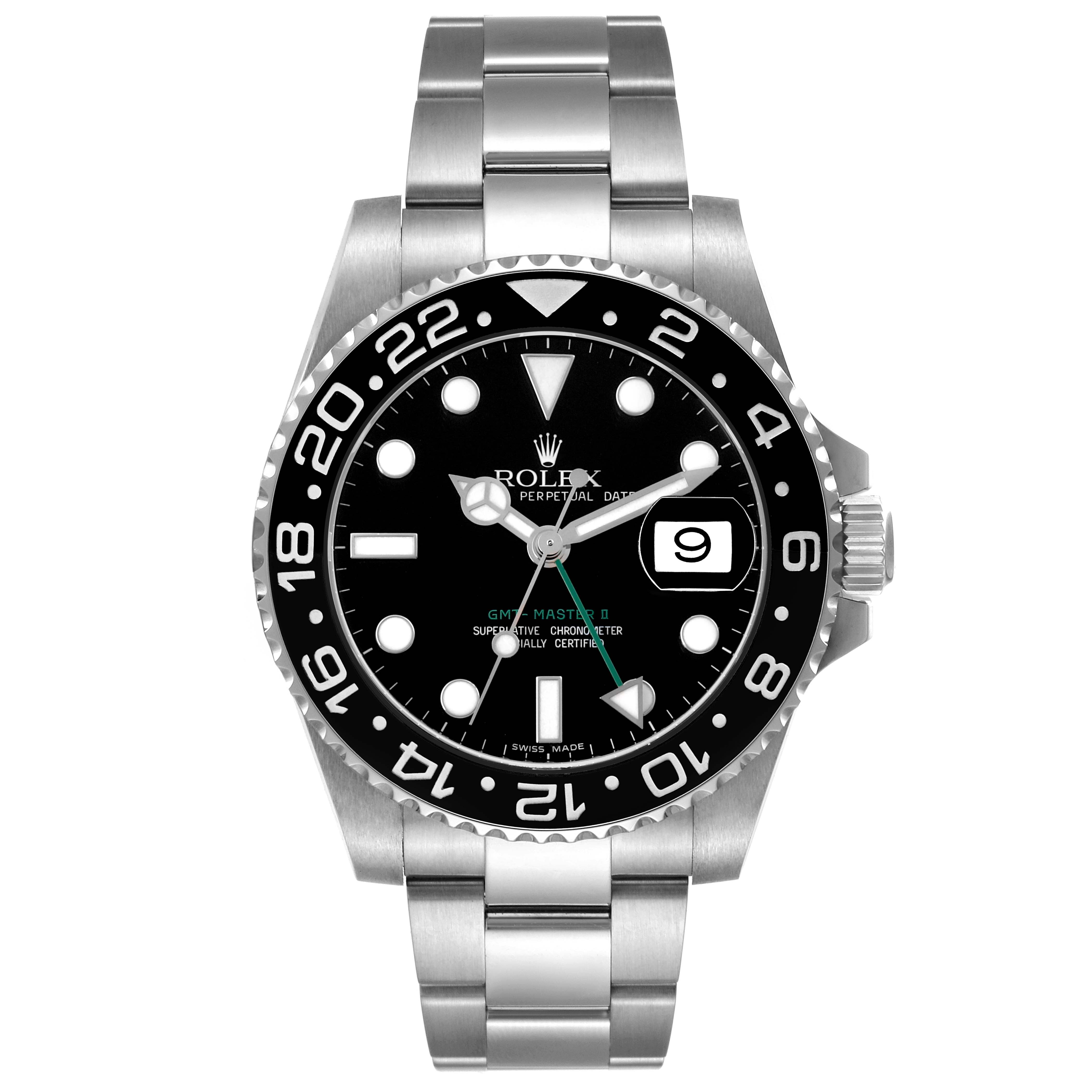 The Rolex GMT-Master 116710LN Men's Stainless Steel Black Dial model is shown from a frontal angle, displaying the dial, bezel, and bracelet clearly.