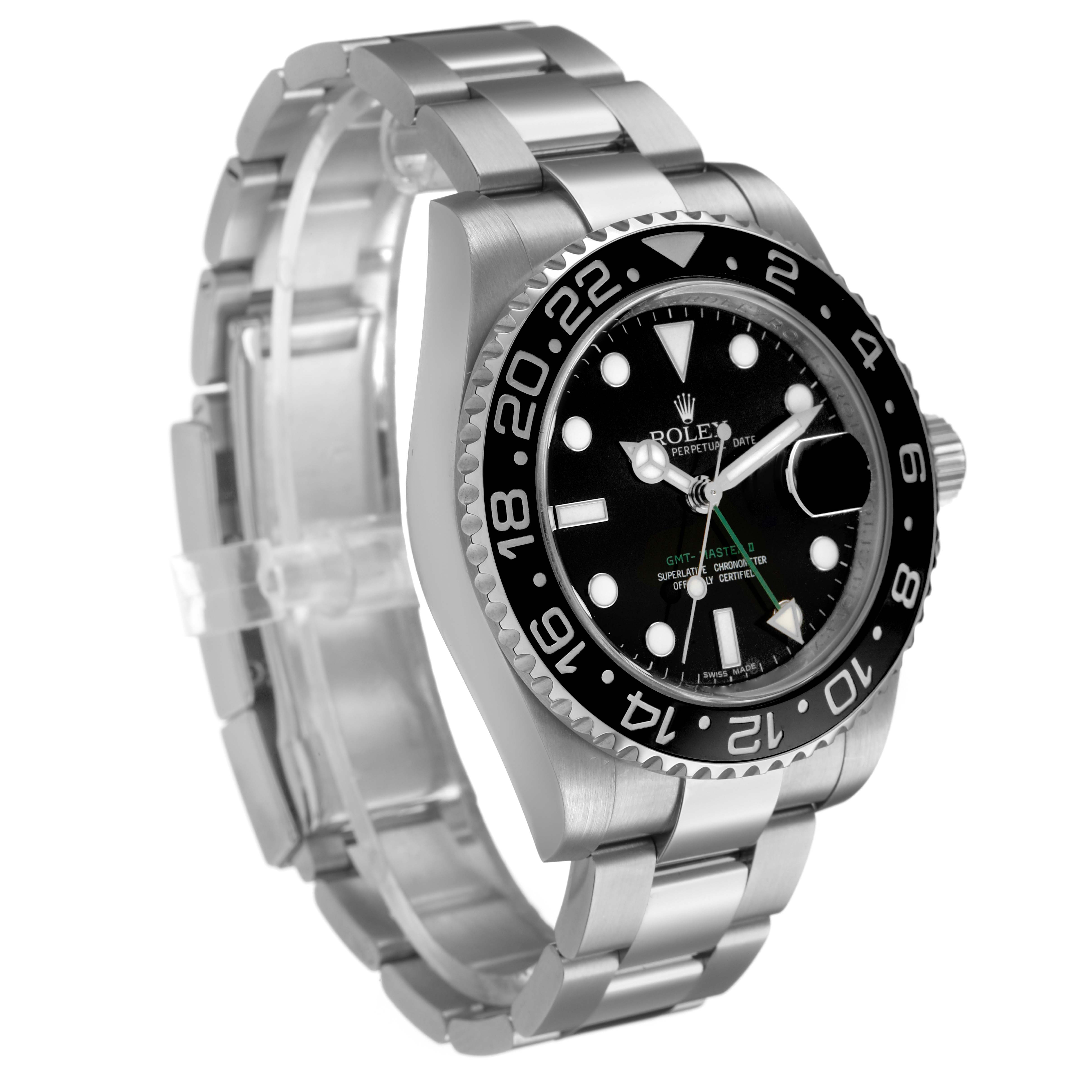 The Rolex GMT-Master 116710LN Men's Stainless Steel Black Dial watch is shown at a three-quarter angle, highlighting its face, bezel, and bracelet.