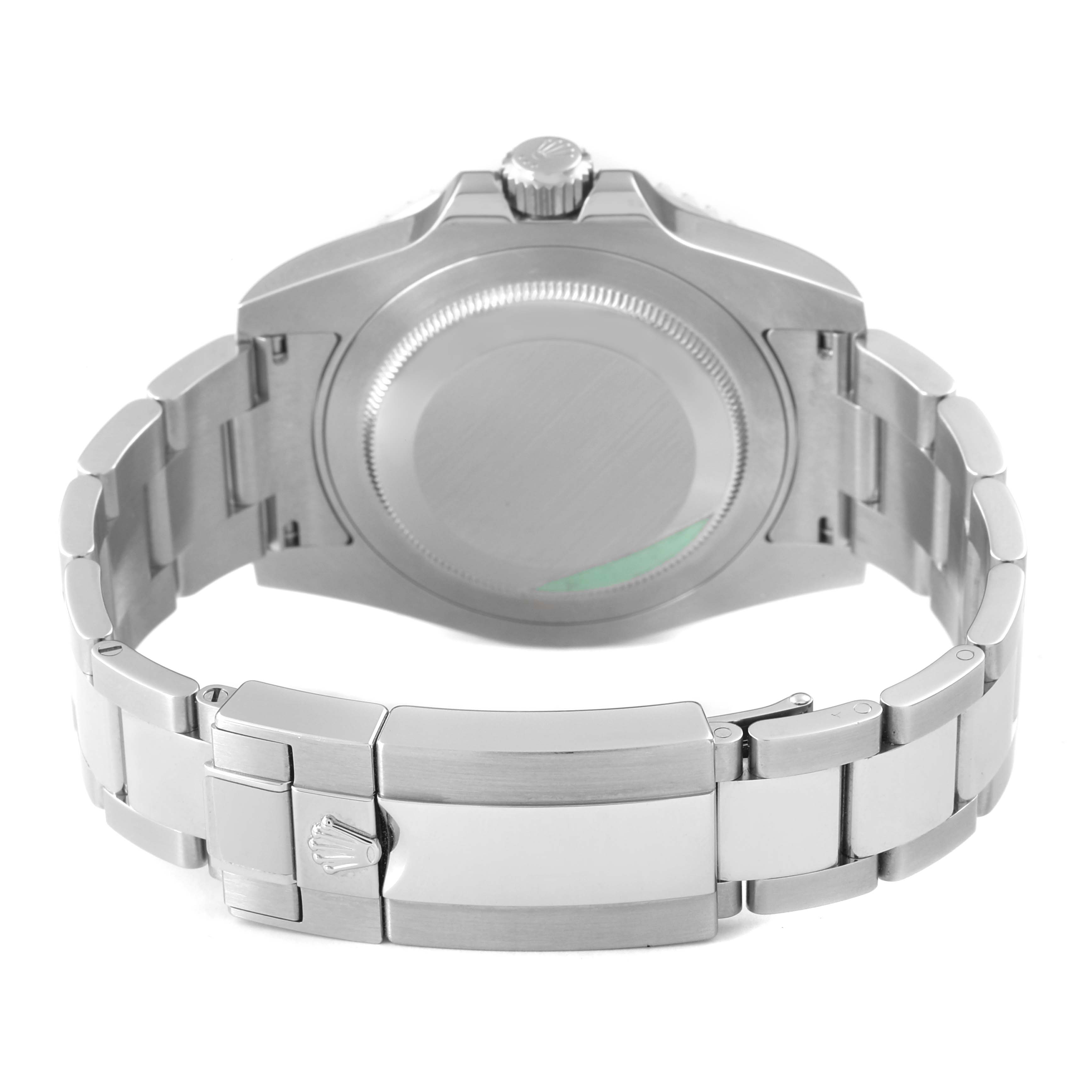 The image shows the back of a Rolex GMT-Master 116710LN Men's Stainless Steel Black Dial watch, highlighting the case back and metal bracelet with clasp.