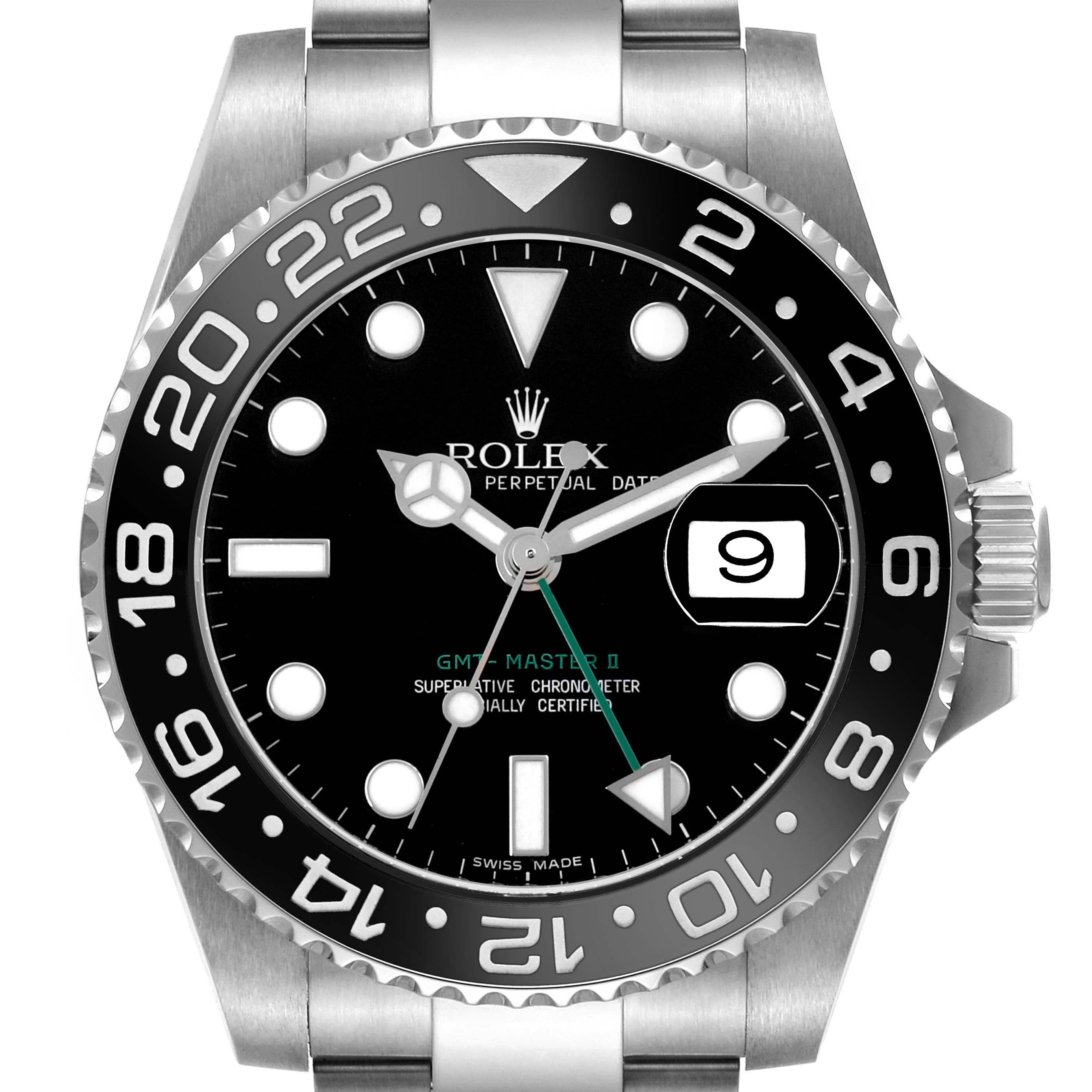 The Rolex GMT-Master 116710LN Men's Stainless Steel Black Dial watch is shown from the front, highlighting the bezel, face, hands, and partial bracelet.
