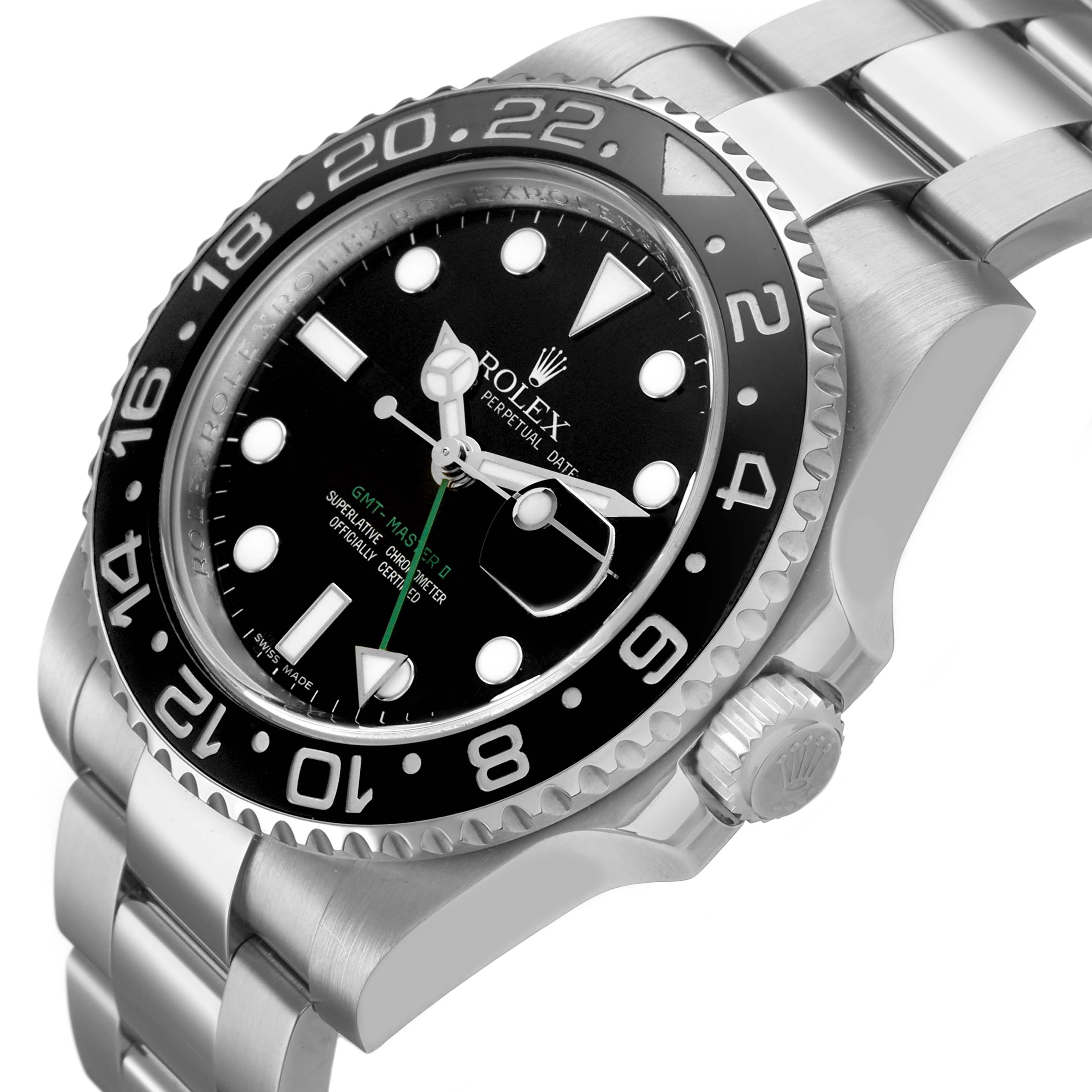 The Rolex GMT-Master 116710LN Men's Stainless Steel Black Dial watch is shown at a side angle, highlighting the bezel, dial, and bracelet.