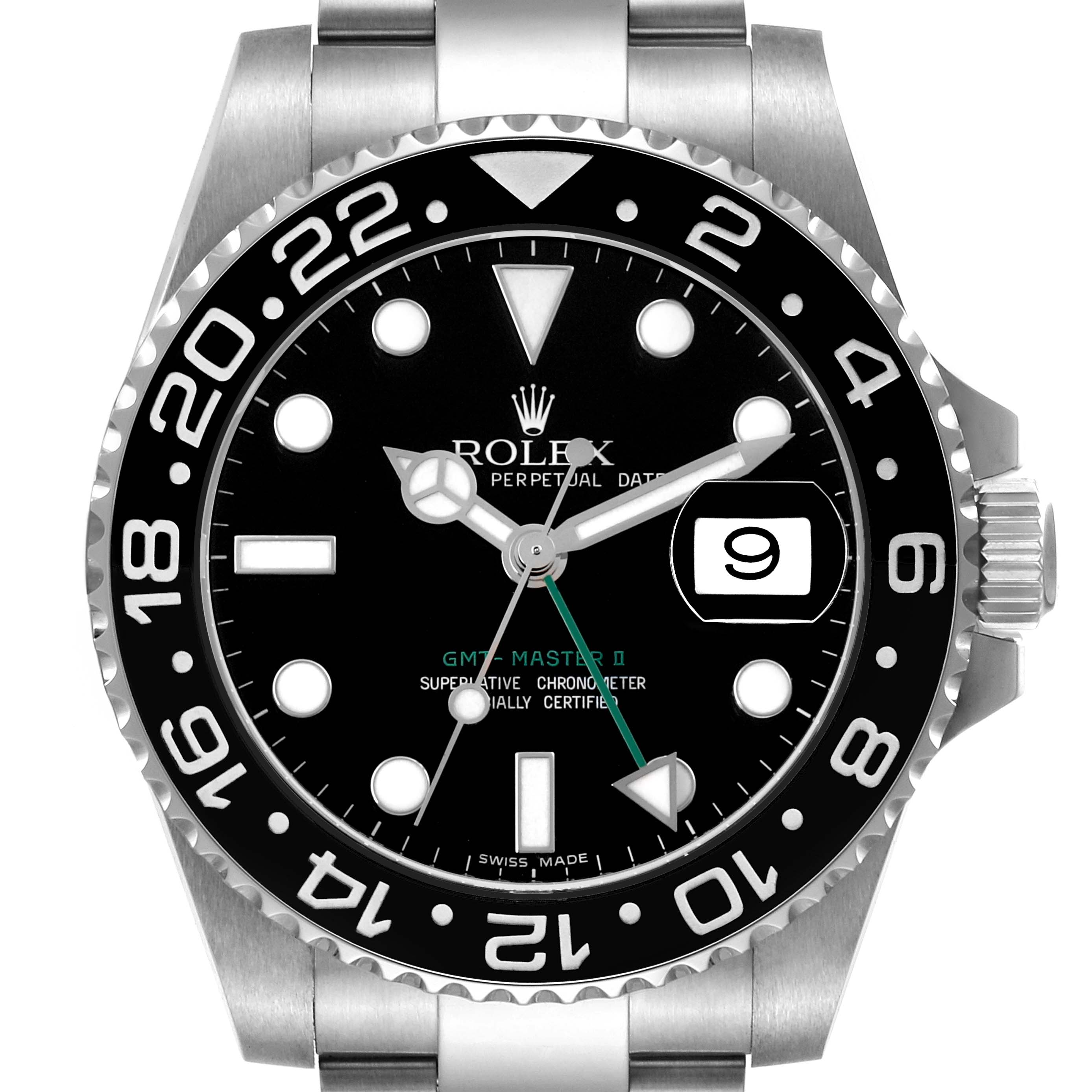 The image shows a frontal view of the Rolex GMT-Master 116710LN Men's Stainless Steel Black Dial II, highlighting its bezel, dial, and date window.