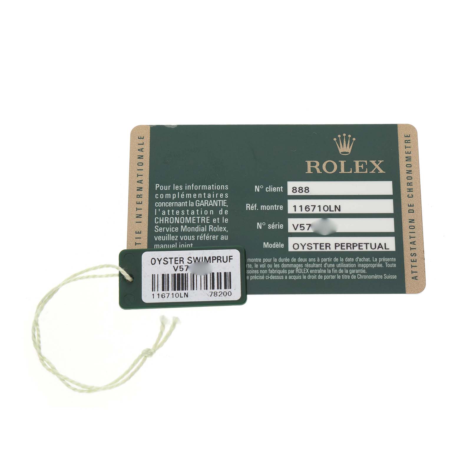 The image shows the warranty card and tag for the Rolex GMT-Master 116710LN Men's Stainless Steel Black Dial model, featuring model and serial numbers.