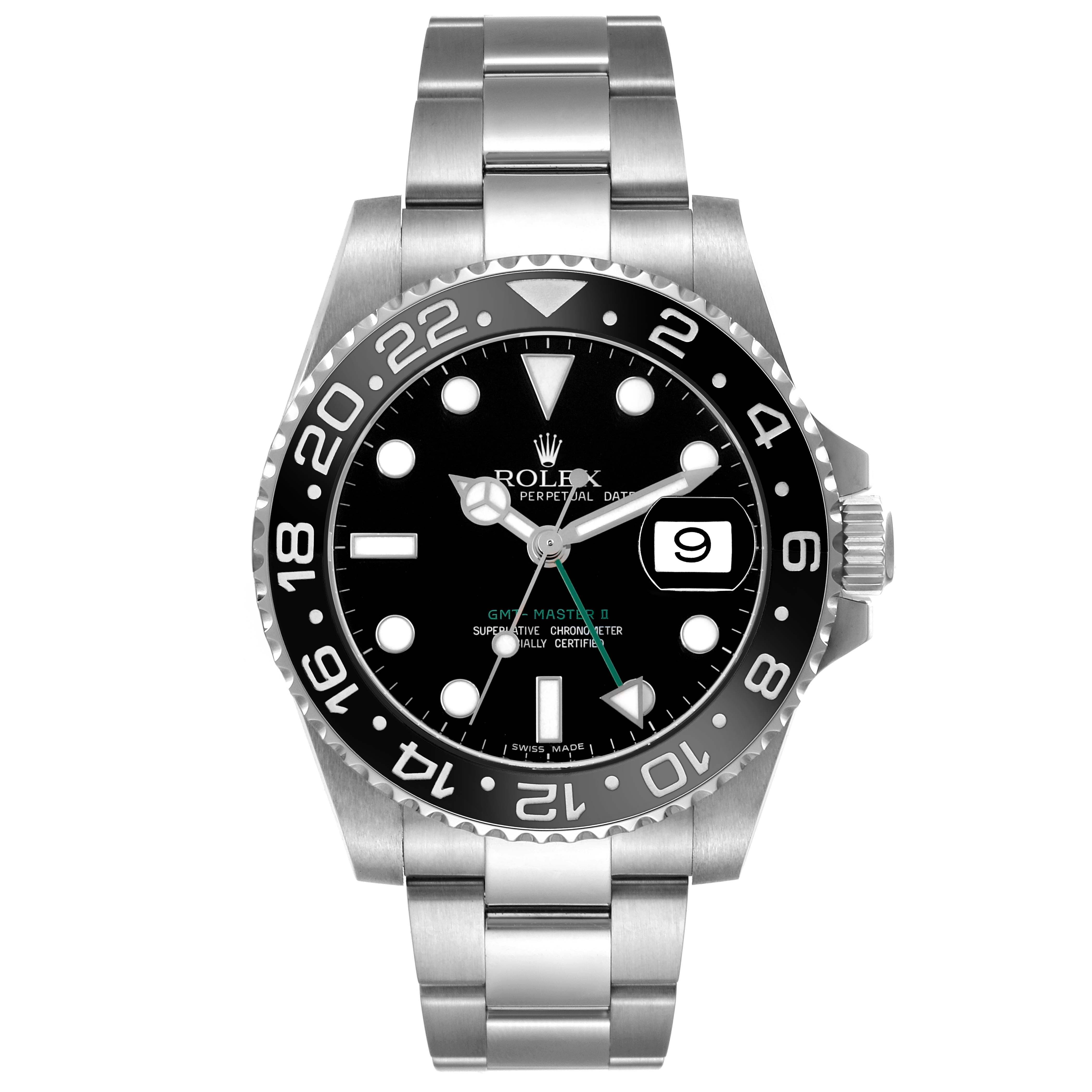 The Rolex GMT-Master 116710LN Men's Stainless Steel Black Dial model is shown from a front angle, displaying the dial, bezel, bracelet, and date window.