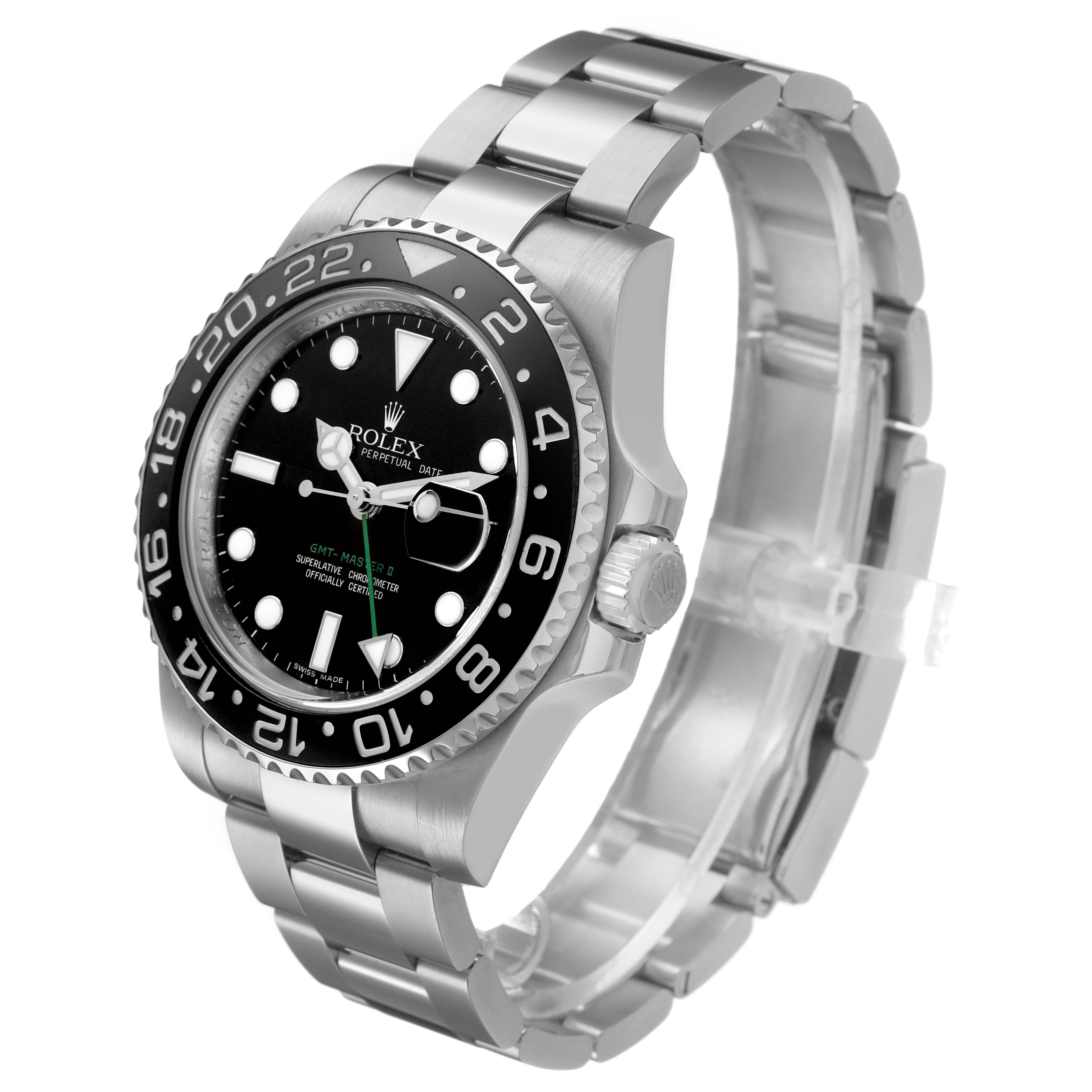 The Rolex GMT-Master 116710LN Men's Stainless Steel Black Dial is shown at a three-quarter angle, highlighting the bezel, dial, and bracelet.