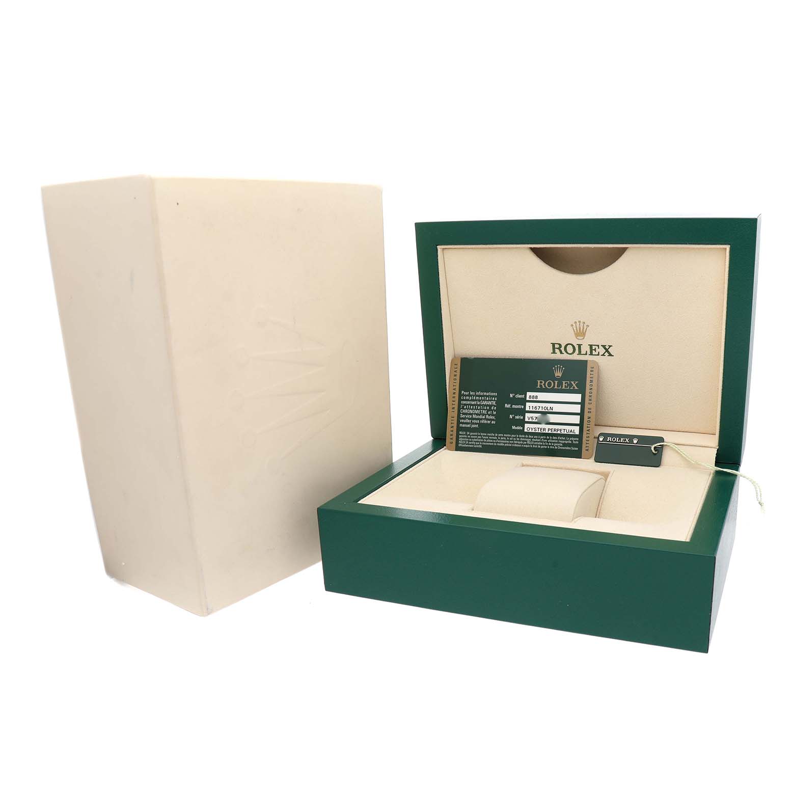 The image shows a Rolex GMT-Master 116710LN Men's Stainless Steel Black Dial watch box open, displaying the interior with a tag and documentation.