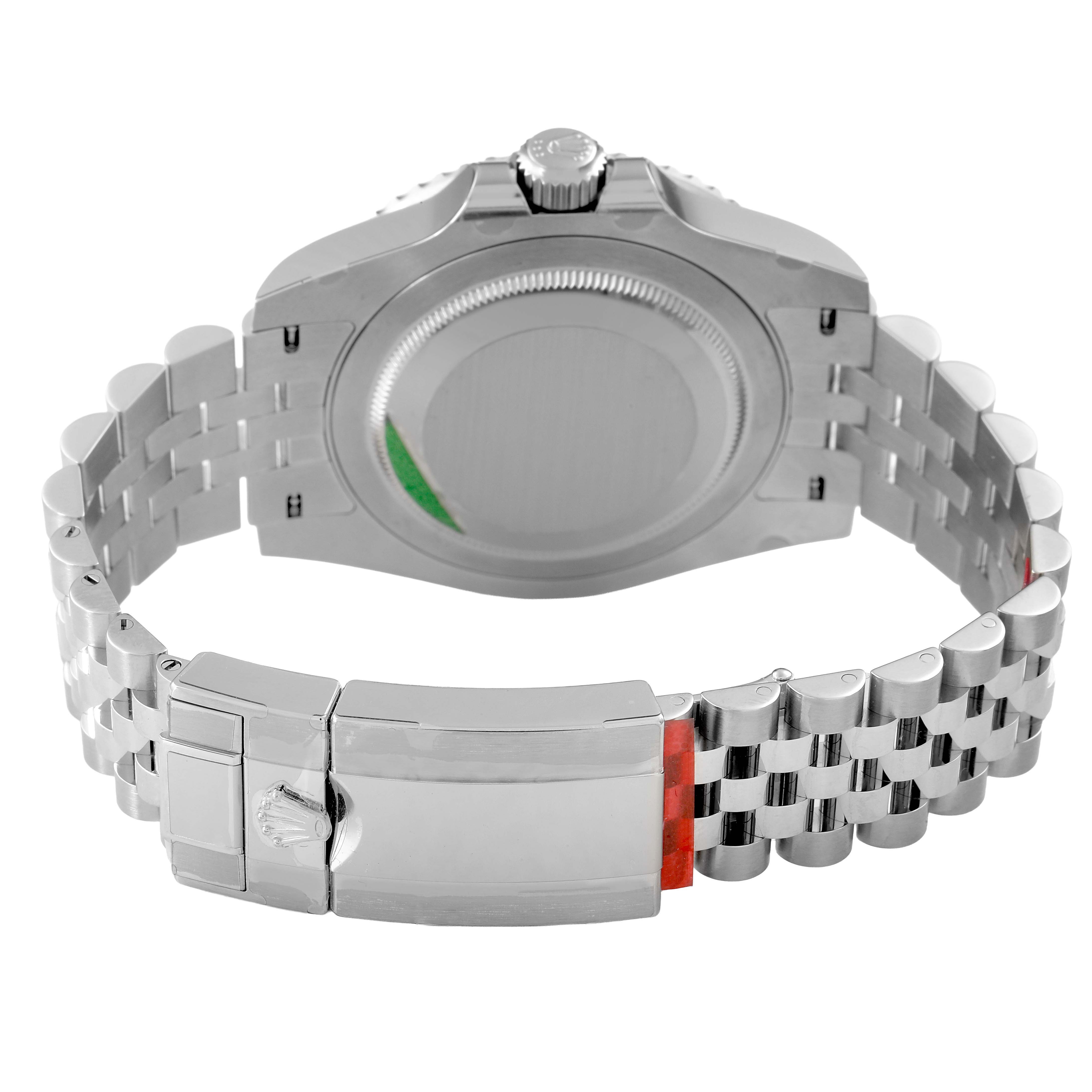 The Rolex GMT-Master 126710GRNR Men's Stainless Steel Black Dial is shown from the back, highlighting the case back, bracelet, and clasp.