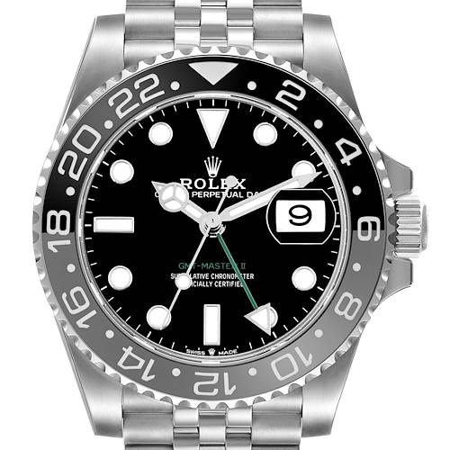 The Rolex GMT-Master 126710GRNR Men's Stainless Steel Black Dial II watch is shown from the front, highlighting the dial, bezel, and part of the bracelet.