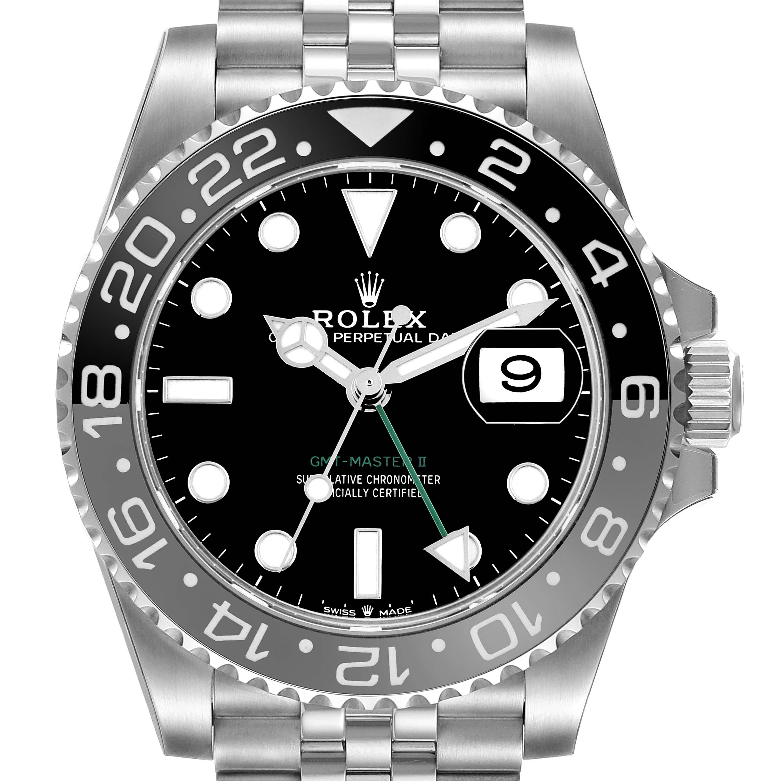 The image shows a front view of a Rolex GMT-Master 126710GRNR Men's Stainless Steel Black Dial II watch, highlighting the dial, bezel, and crown.